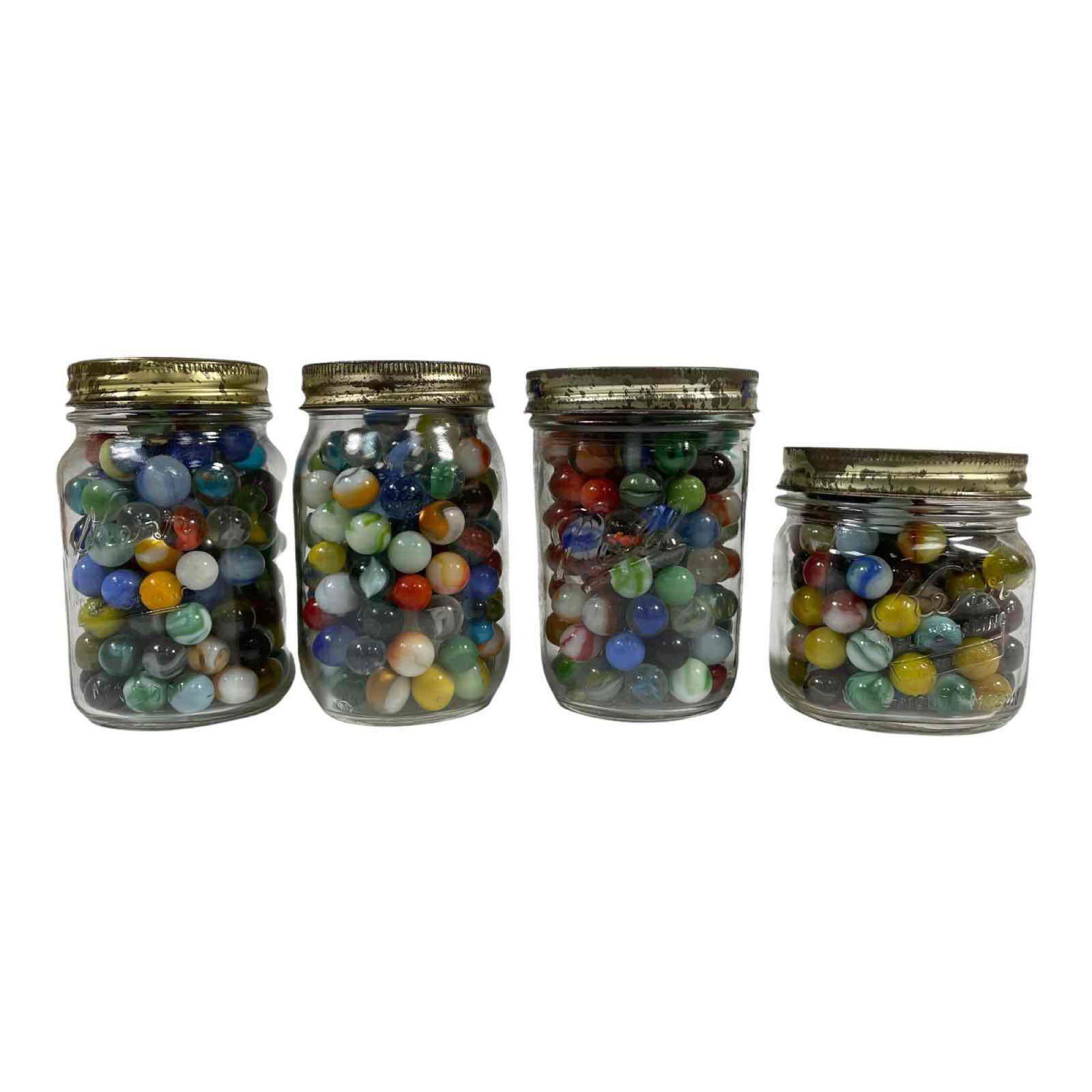 Four (4) Jars of 100's of Various Vintage Marbles: Vitro, swirl, a few clay onionskin and other various styles and sizes. 100's of marbles. Used as shown, see photos.