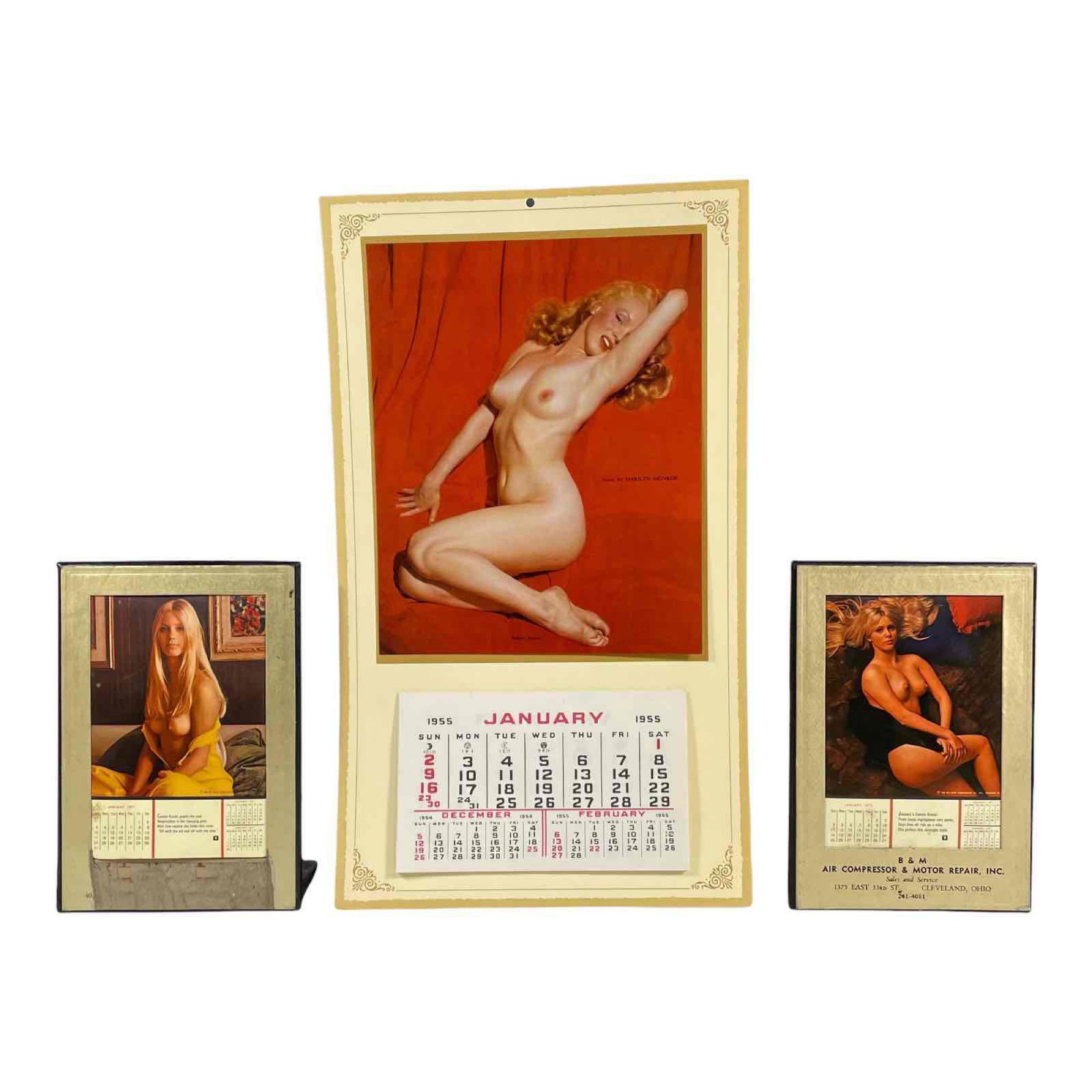 Nude Calendar's 1950's to 1970's Marilyn Monroe: Three vintage nude calendar's including 1955 Marilyn Monroe and 1970 and 71 Playboy. Monroe is one photos with tearable months and Playboy's are individual girl for each month of the year. See photos.