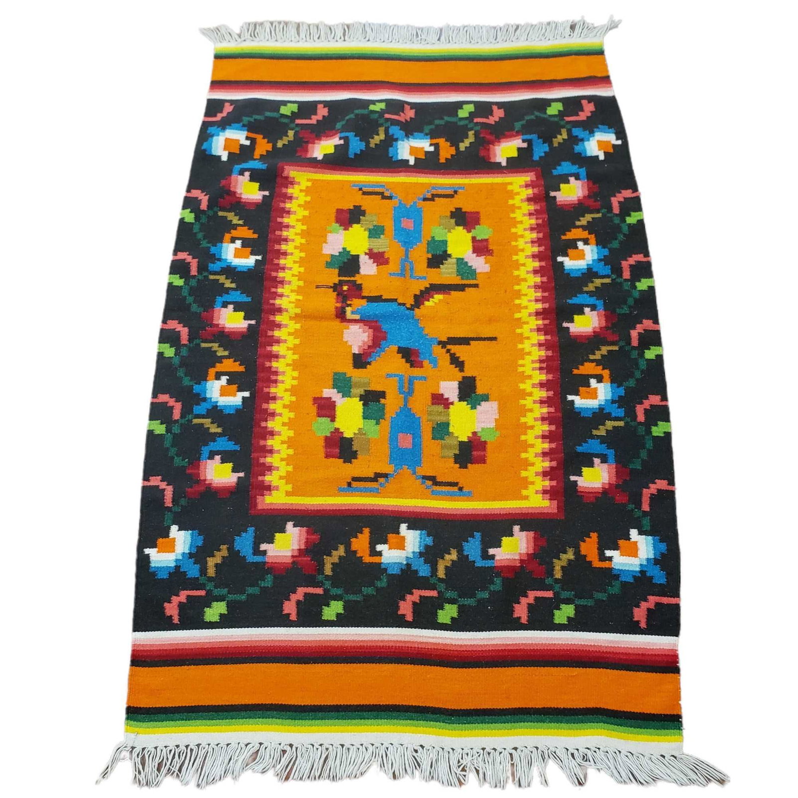 Fringed Pictorial Tribal Throw - Carpet: See photos for details as shown, good overall and measuring approx 83" long to end of both fringes x 46.5" wide.