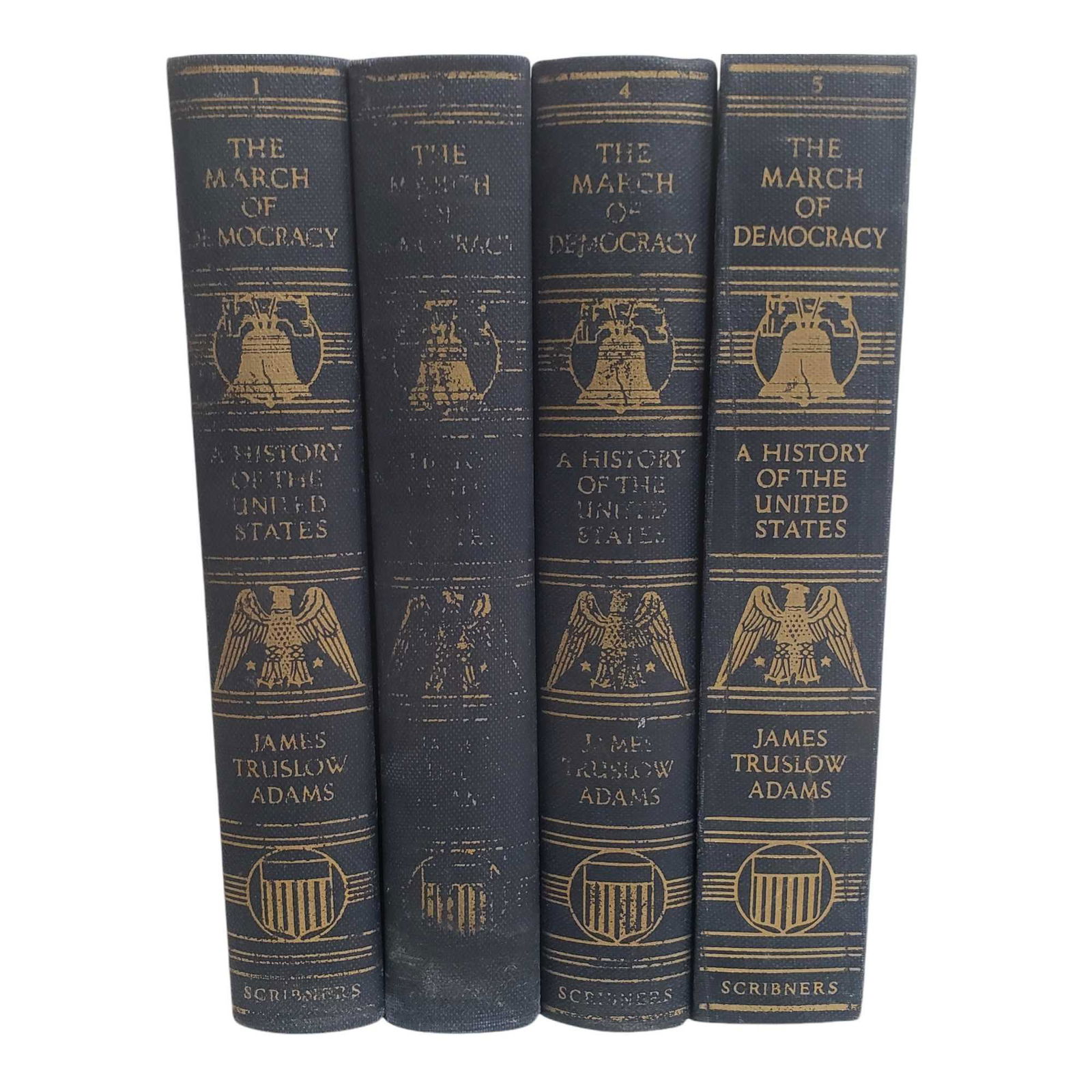 J. T. Adams The March of Democracy: Five volumes, missing vol 2. James Truslow Adams March of Democracy: A History of the United States. Pub. Charles Scribener &Sons, New York, copyright 1933. Approximate dimensions "9 1/2" h., 6 1/2" s