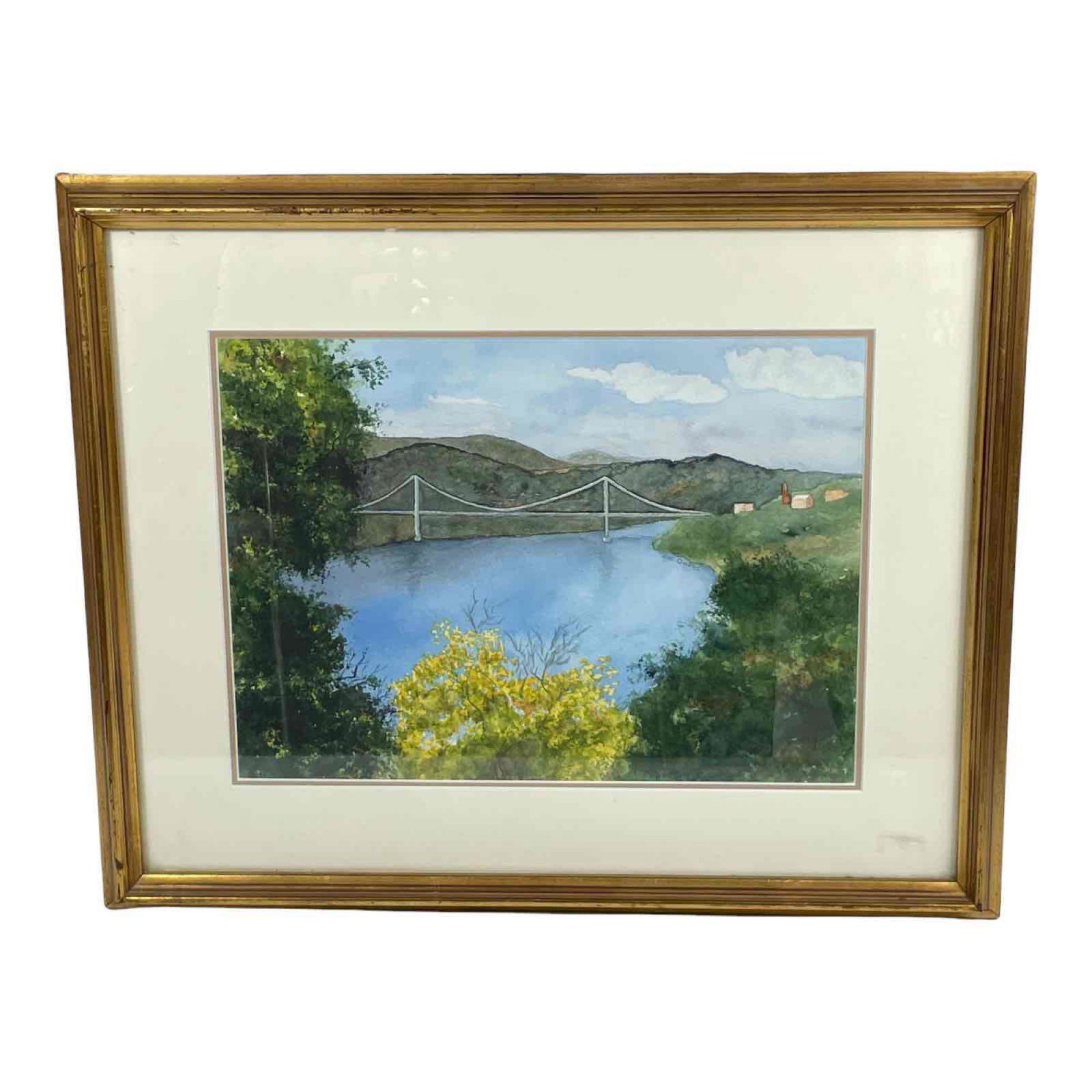 Sue Owens Signed Watercolor Lake Landscape: Signed lake mountain landscape watercolor by Sue Owens, Florida 20th century. Measuring approx 17.5" tall x 21.5" wide overall in in good condition as shown, see photos