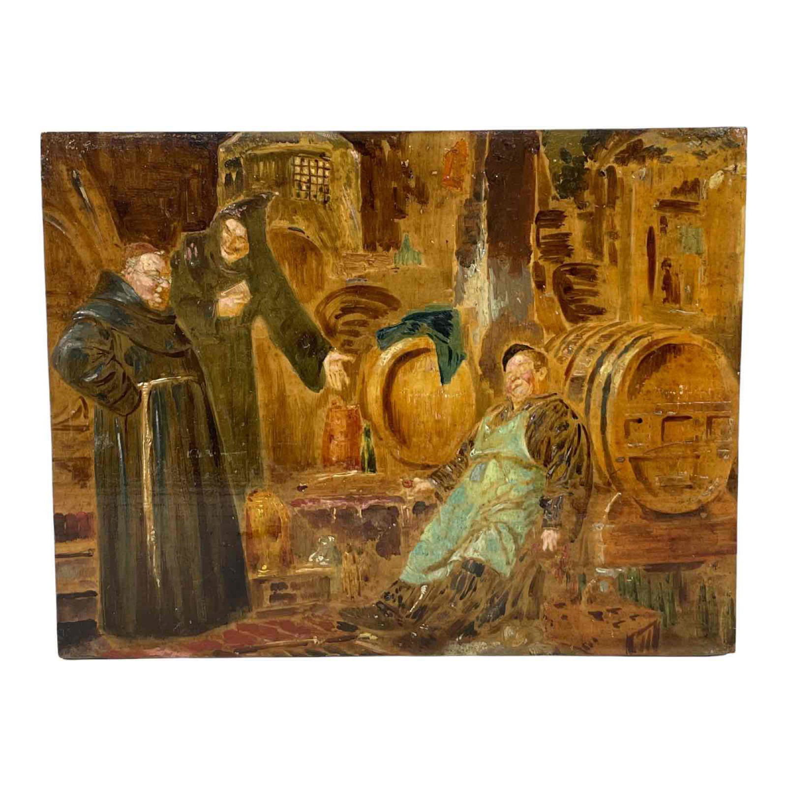 The Drunken Monk After Giuseppe Marastoni.: Small oil painting on board rendering of the famous painting " The Drunken Monk" by Giuseppe Marastoni. Unframed as shown, on masonite see photos.