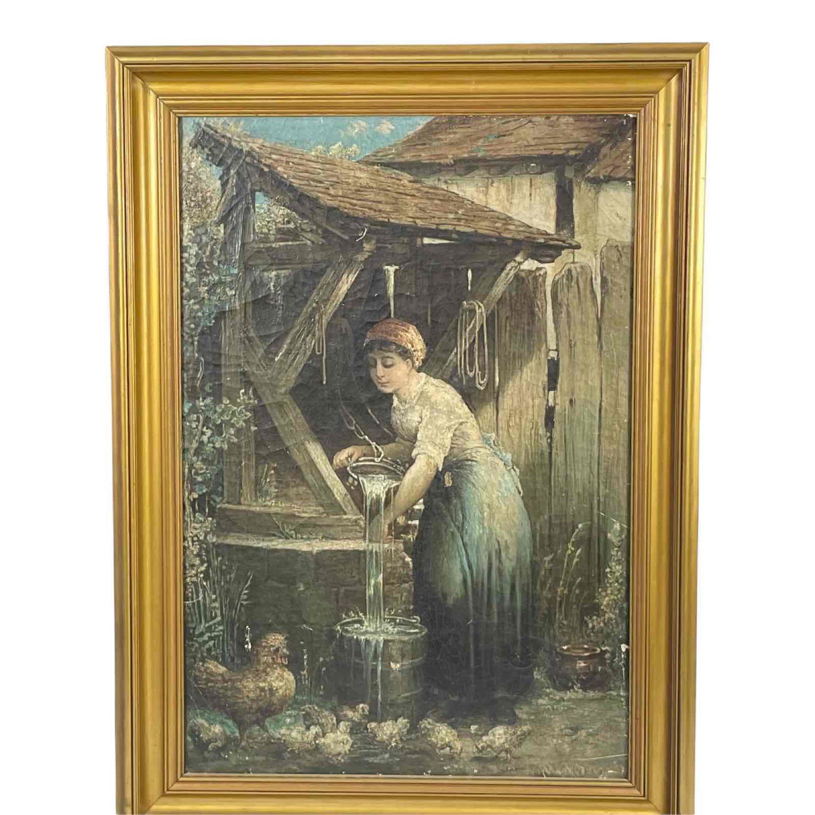 Good Hungarian Genre Scene Oil on Canvas: Unsigned, oil on canvas with old stretchers. Old used condition with craquelure, etc., see photos. Frame approx 29 1/2" h. x 22" w.