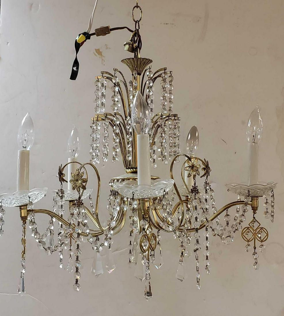 Six Light Branch Arm Brass Chandelier w Crystal Prisms (1 of 8)