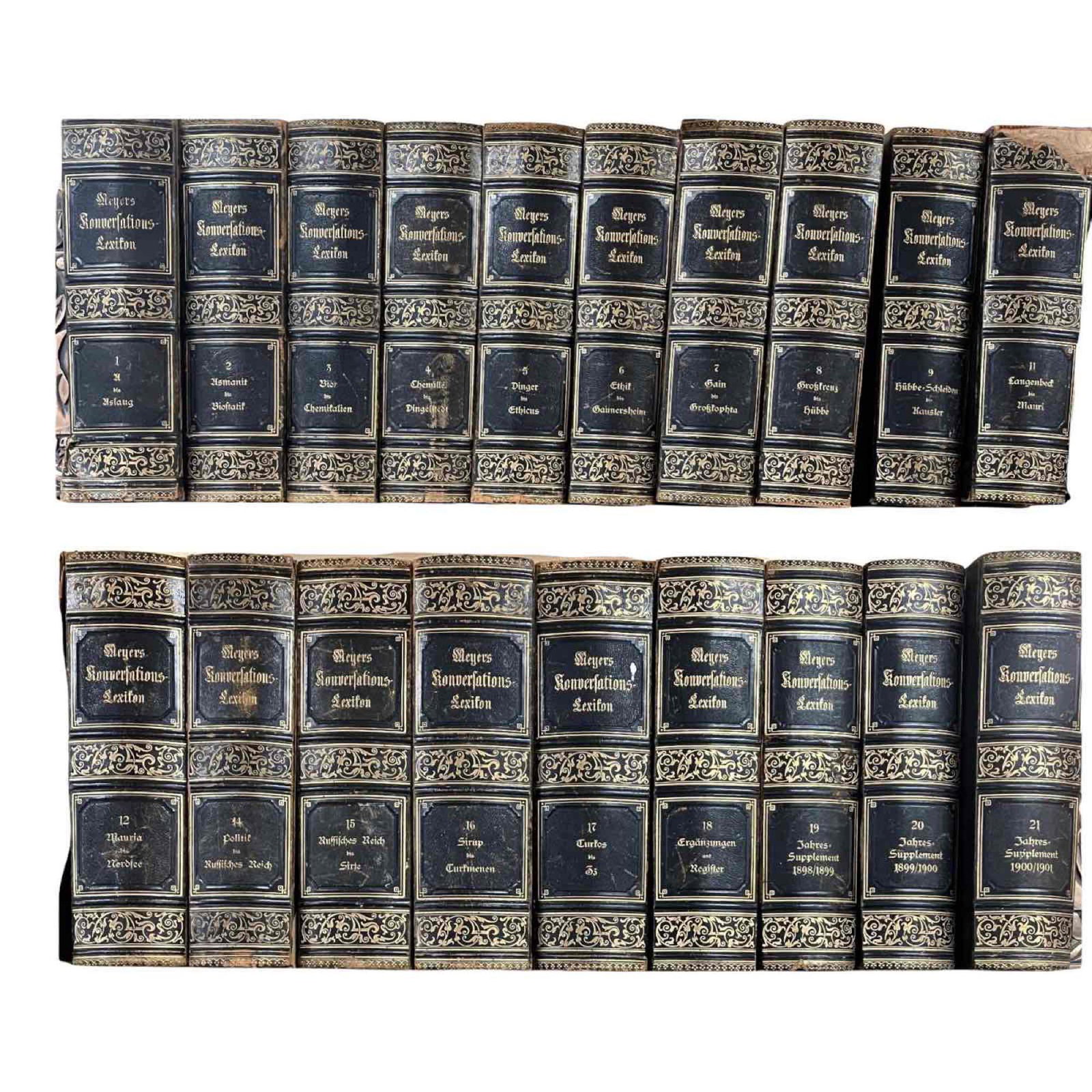 21 volumes of Meyers Konversations-Lexikon 1895-199: Single volumes numbers 1-21 as shown. Half leather binding with gilding. Some signs of use and wear, foxing/oxidation to paper as shown, see photos.