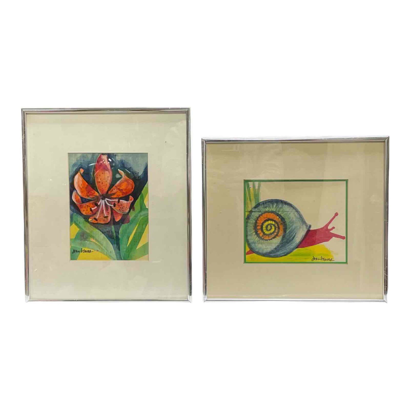 Two Artist Signed Oil on Canvas Framed Paintings: Professionally framed and matted oil on canvas paintings of brightly colored snail and exotic orange flower. Both in chrome frames and signed Joan Beaver. In good age appropriate condition, see photos