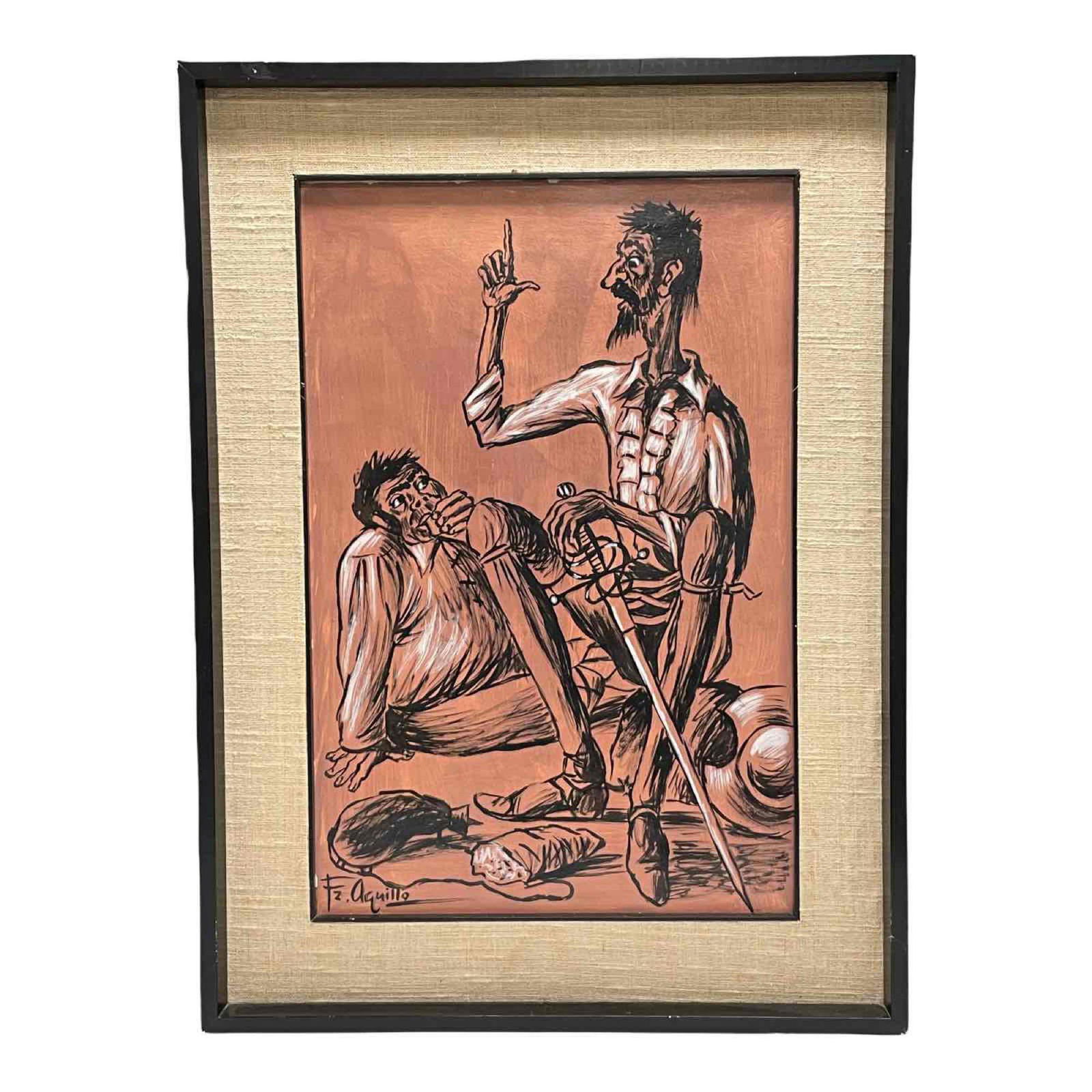 Spanish Oil on Board Signed Fz Aquillo: Spanish Mid Century modern oil painting on board possibly of seated Don Quioxte. Signed in lower left as shown Fz. Aquillo. See photos for details. Fz. Aquillo (SPAINISH / MADRID, 20th century), uniqu