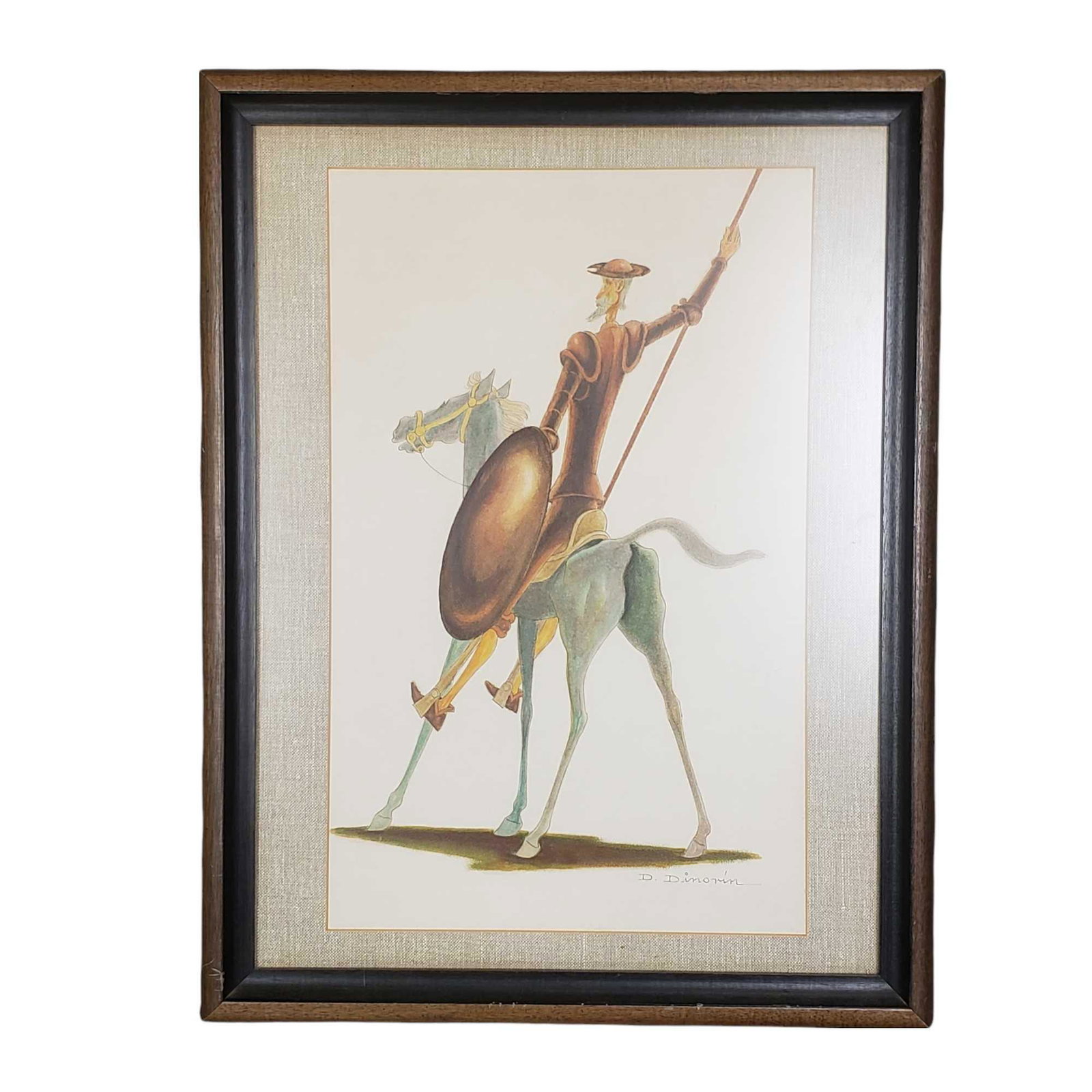 Signed Watercolor / Aquatint of Don Quixote: Signed in lower right as shown " D. Dinonin". Measuring approx 27" tall x 20.5" wide including the professional matting and framing. Good condition as shown, see photos.