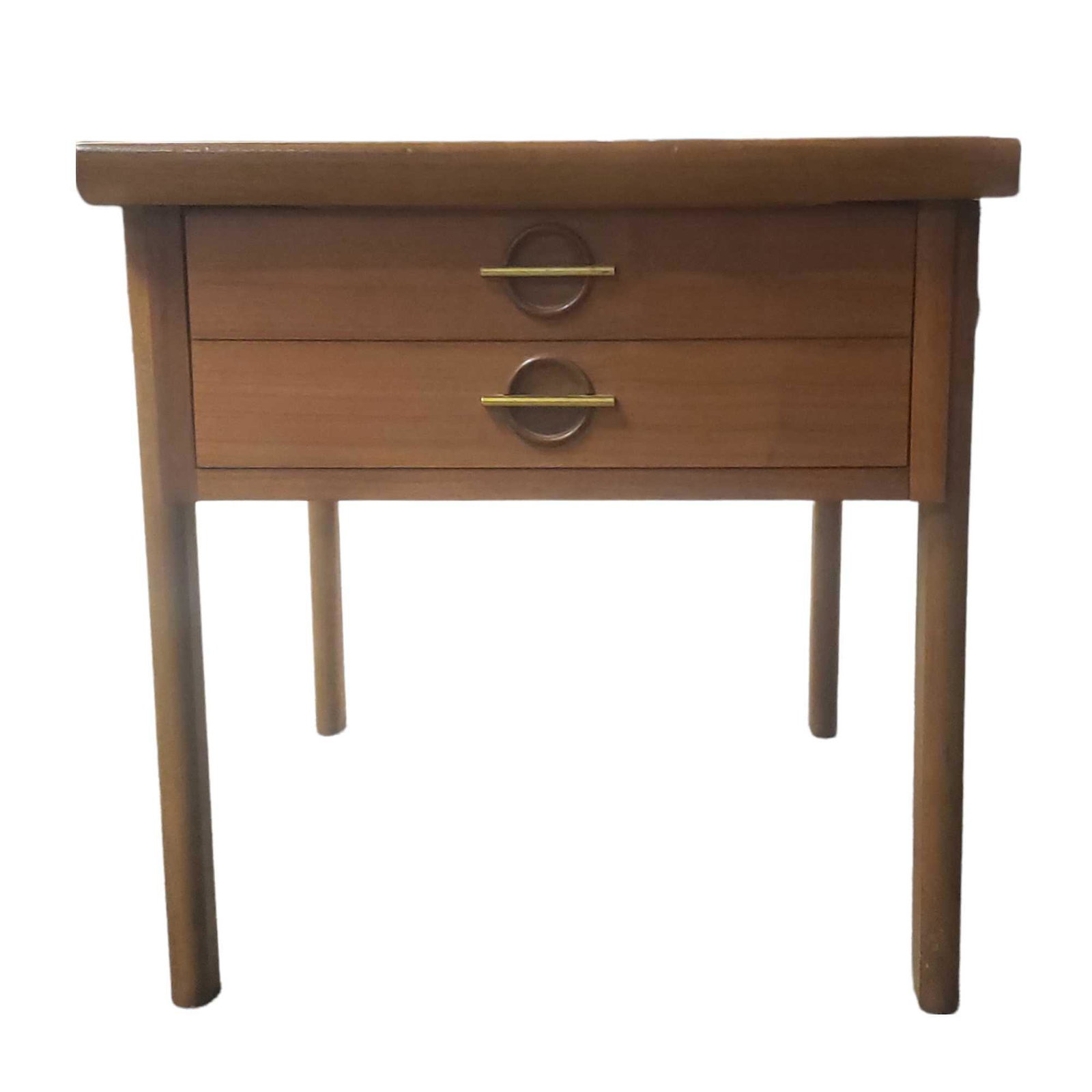 LANE Two Drawer End Table: Mid 20th century designed by Lane furniture two drawer end table with top having flared ends. Measuring approx 22" wide 29" deep 21" tall. Light signs of use and wear consistent with age, as shown. Se