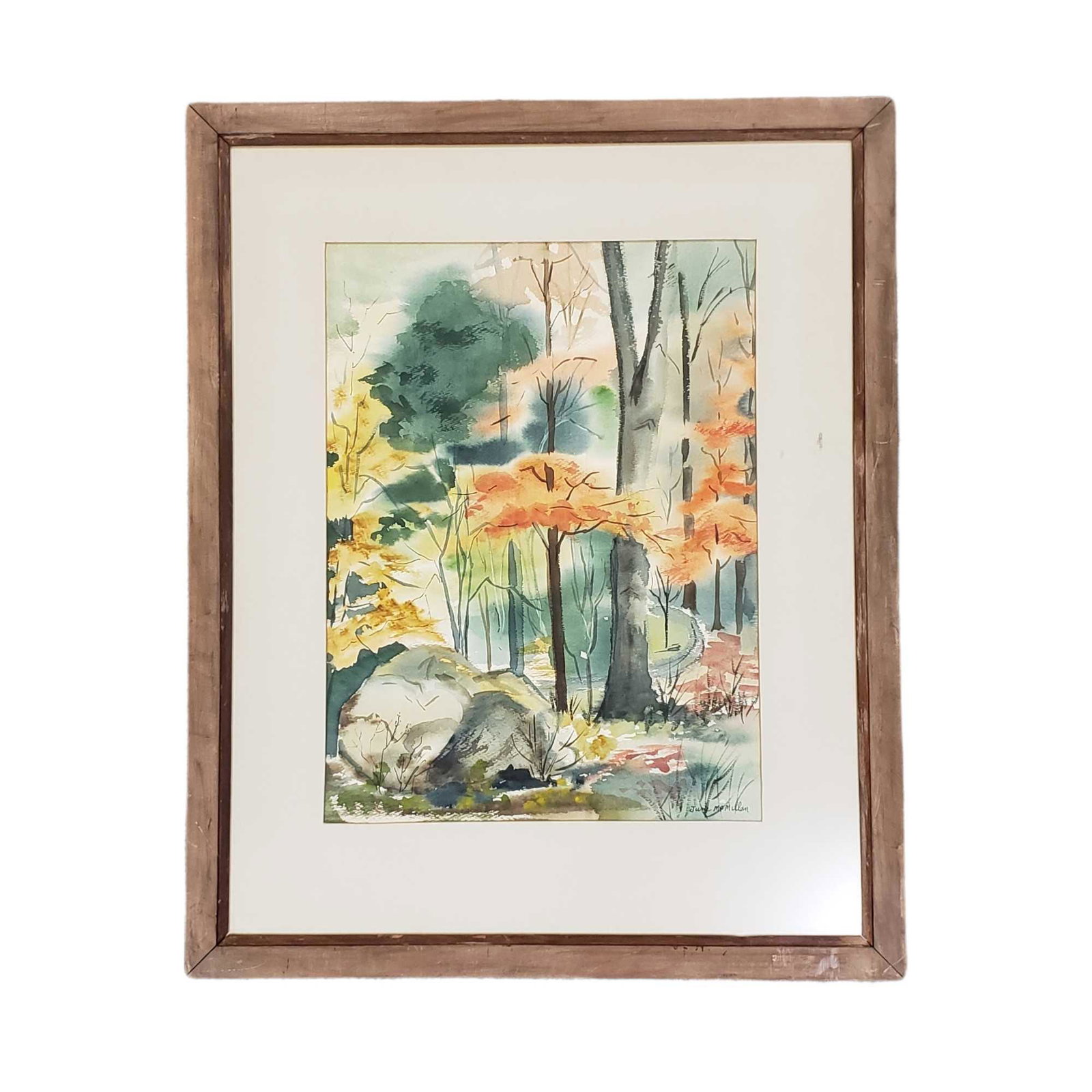 "Autumn Hues" Watercolor by June McMillan: Framed mid 20th century watercolor titled "Autumn Hue" by June McMillan. Measuring approx 26.5" tall x 21" wide. See photos for details.
