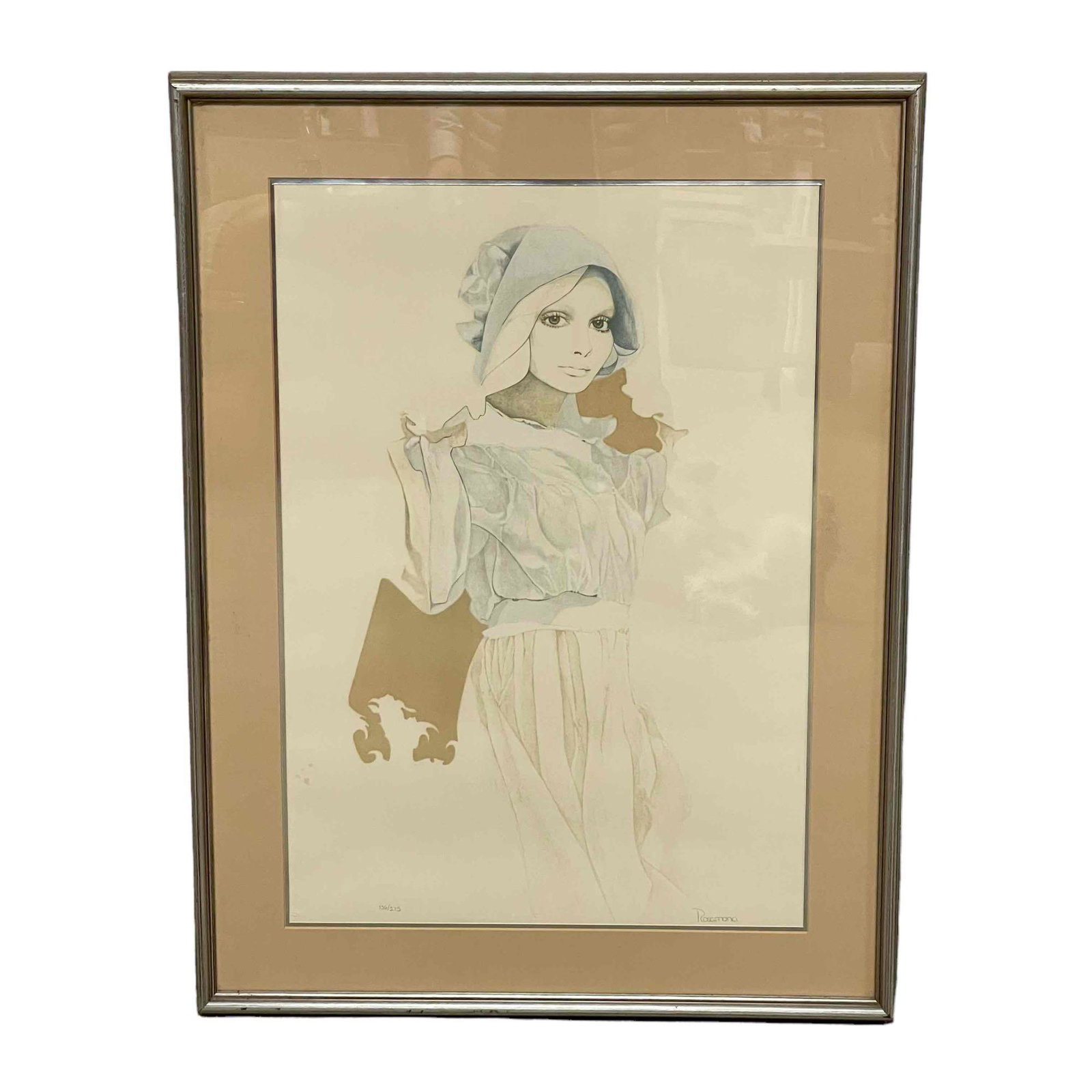 Christine Rosamond Signed Lithograph 136/275: Christine Rosamond ( American,1947-1994) pencil signed and numbered 136/275 lithograph. Depicting young girl in white dress. Measuring approx. 42" tall x 32" wide. In good vintage condition with nick 