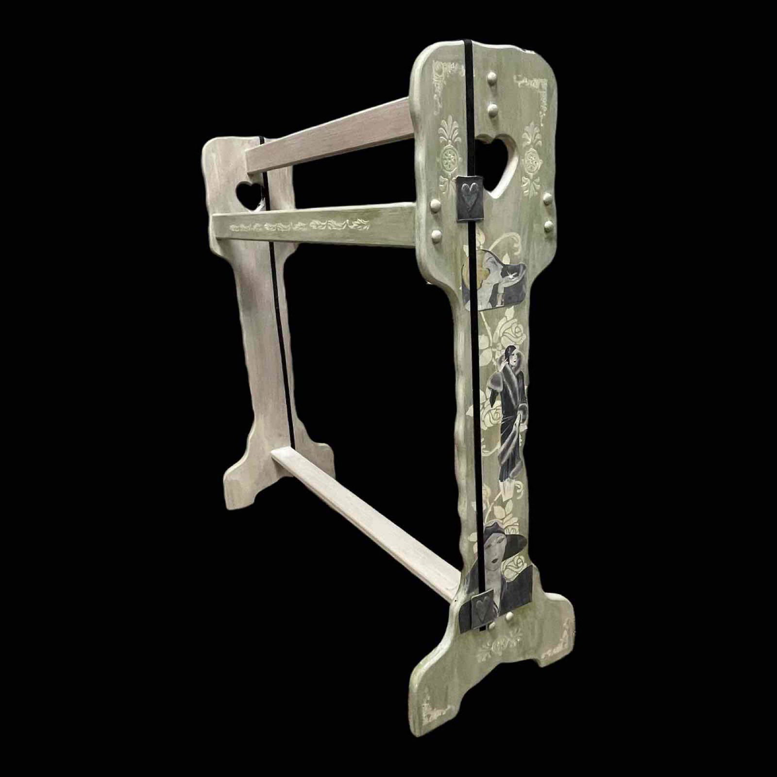 Louis Icart and Art Deco Influenced Quilt Rack: Late 20th century quilt rack with art deco accents that similar to Icart as shown, see photos for details. Measuring approx. 32" tall x 31.5" wide Decorative and attractive.