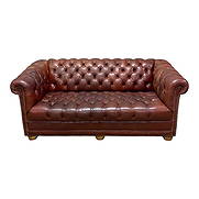 Chesterfield Button Tufted Leather Love Seat: Sun fading and dry cracks. 29" tall x 68" long x 33.5" deep.