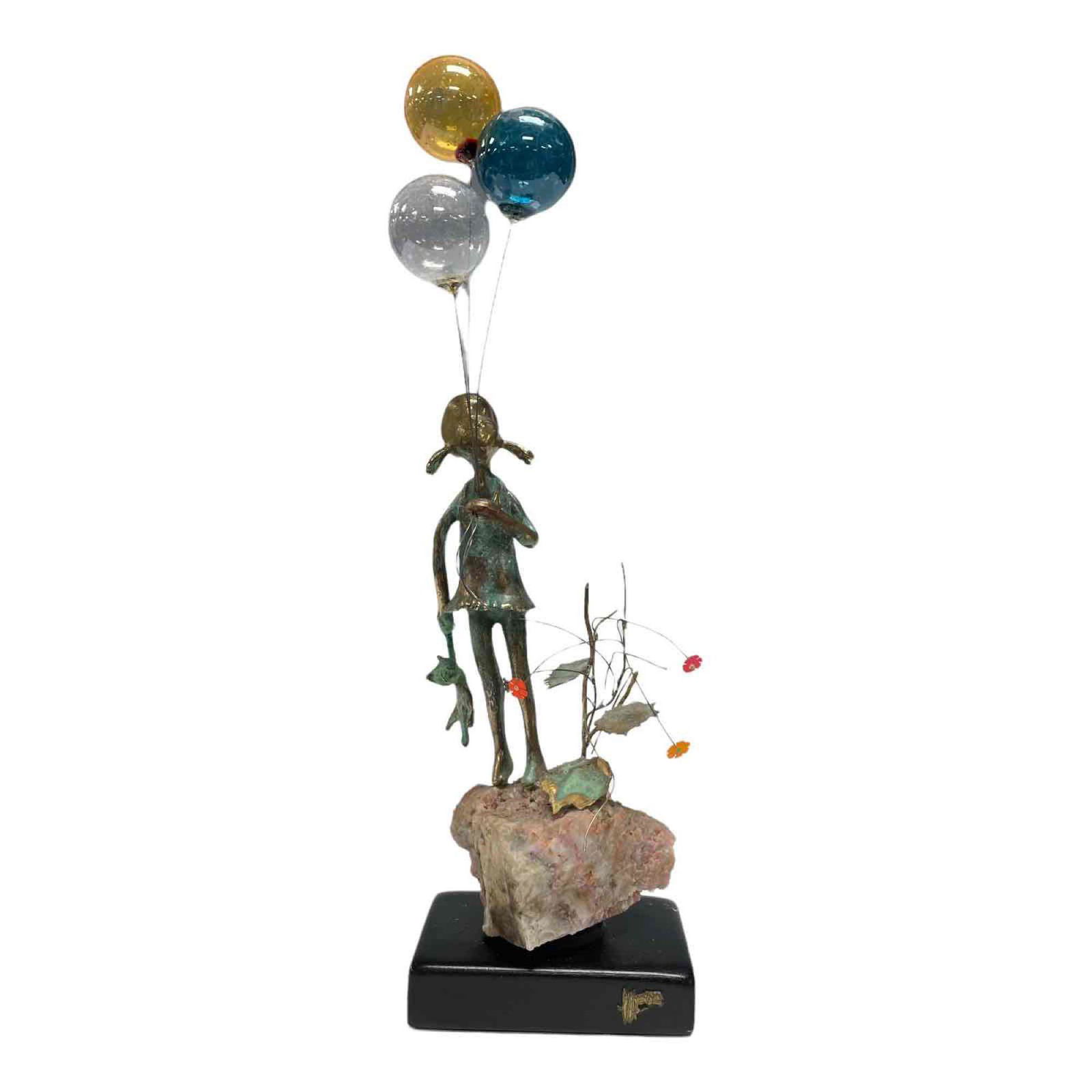 Young Girl Holding Glass Balloons On Gemstone  Sculpture Signed (1 of 14)