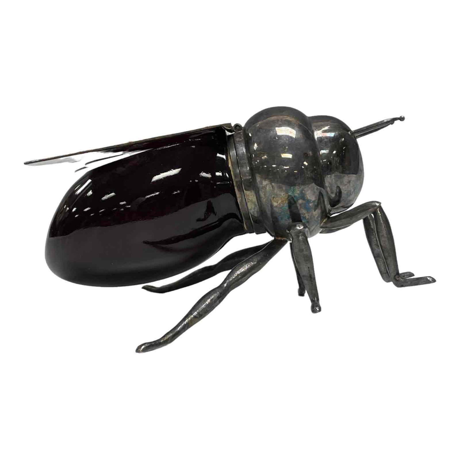 Ruby Glass Fly Ashtray Signed ANRONGATEPRODUCT: Art Deco Silver Plate Ruby Glass Fly Ashtray Signed ANRONGATEPRODUCT 3.25" h x 6.25" L x 3.5". good overall condition. metal has patina. no chips or cracks in the glass