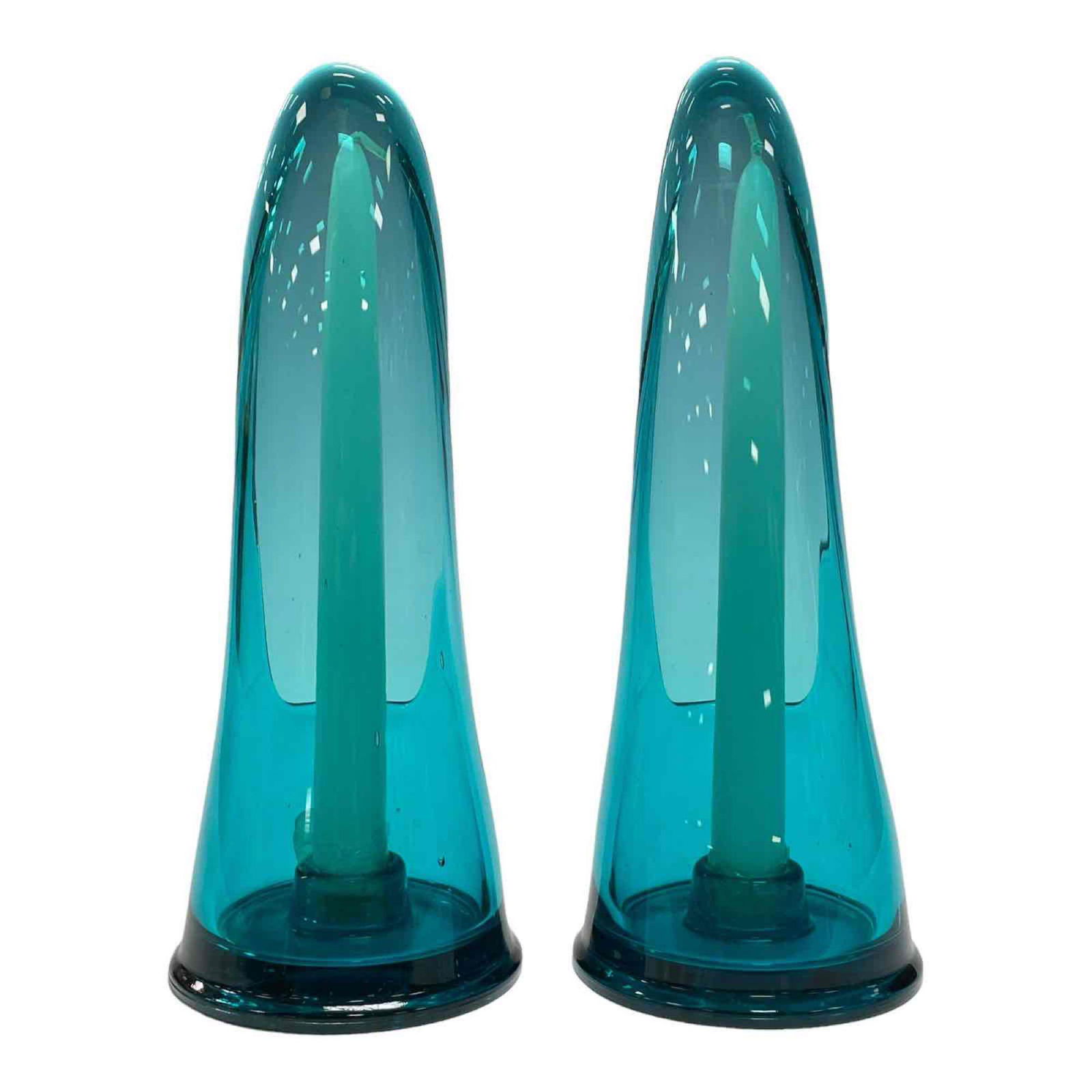 Mid Century Modern Aqua Blue Art Glass Stretch Swung Candle Holders (1 of 8)