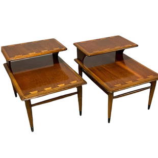 Pair of LANE Acclaimed Mid Century End Tables: Classic 1960's mid-century step tables designed by Andre Bus for the iconic Lane Acclaim series. Dovetail inlay detail made of walnut and fruitwood. Used as side tables or accent tables and look great