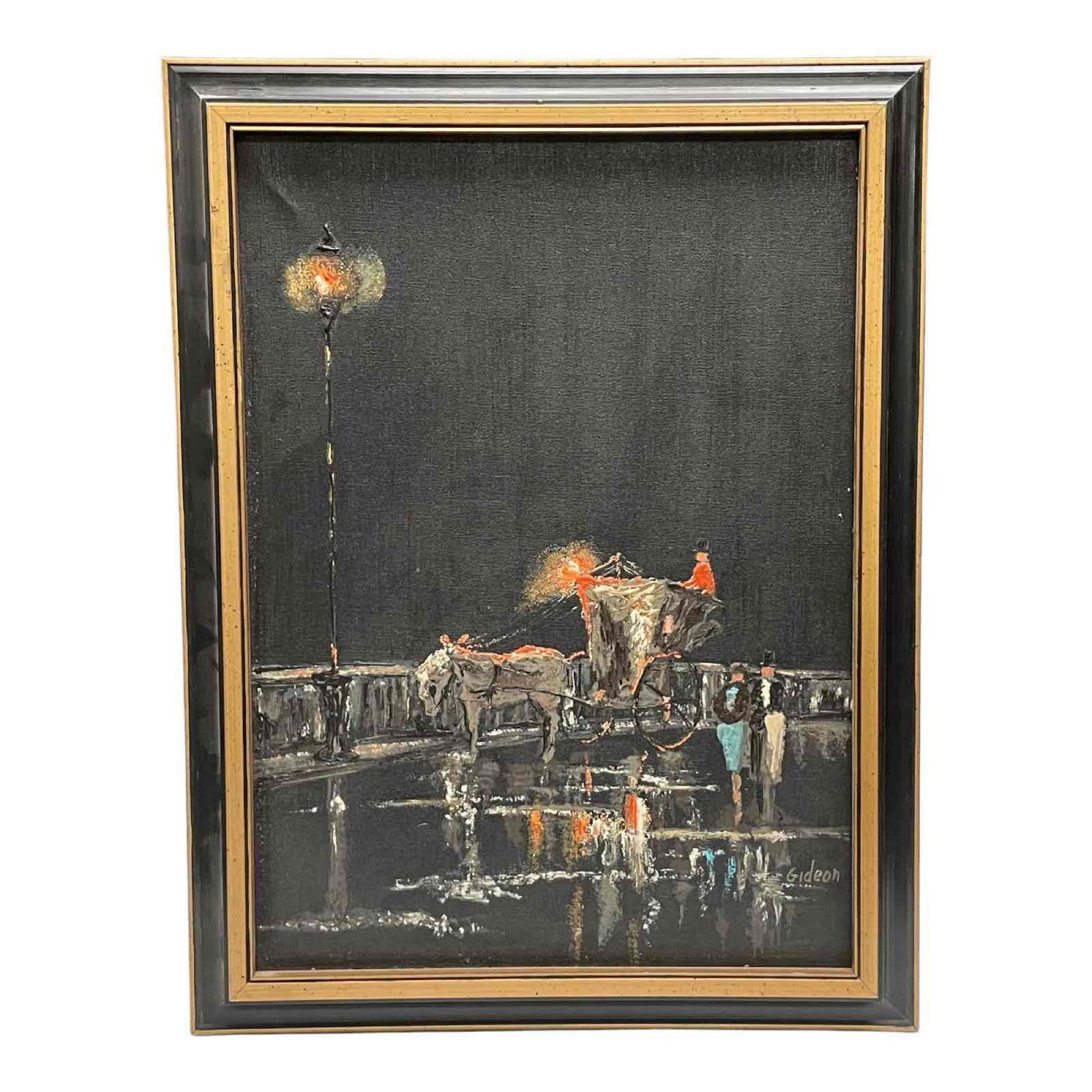 MCM Elmo Gideon "Night Carriage" Oil on Canvas Painting: Elmo Gideon, American (1924-2010) oil on canvas "Night Carriage" painting. Depicting horse drawn carriage under street light. Artist signed lower right corner and titled on wooden frame. Measuring app