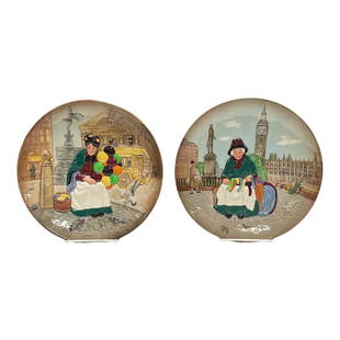 Royal Doulton William Harper Tableware Plates: Includes two cabinet plates with one titled "Silk and Ribbons" D6663 dated 1981 and "The Old Balloon Seller" D6649 dated 1979. Both having raised relief scenes. Measuring approx. 9.75" in diameter. In