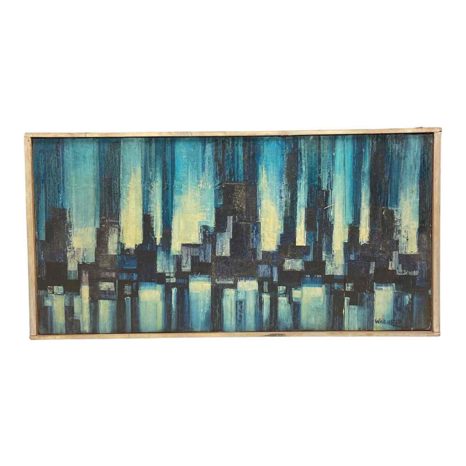 Abstract Cityscape Oil on Canvas Board by WAGNER: Mid Century designed oil painting on canvas board depicting an abstract dusk like city landscape. Signed in lower right as shown. Measuring approx 12.5" tall x 25" wide.