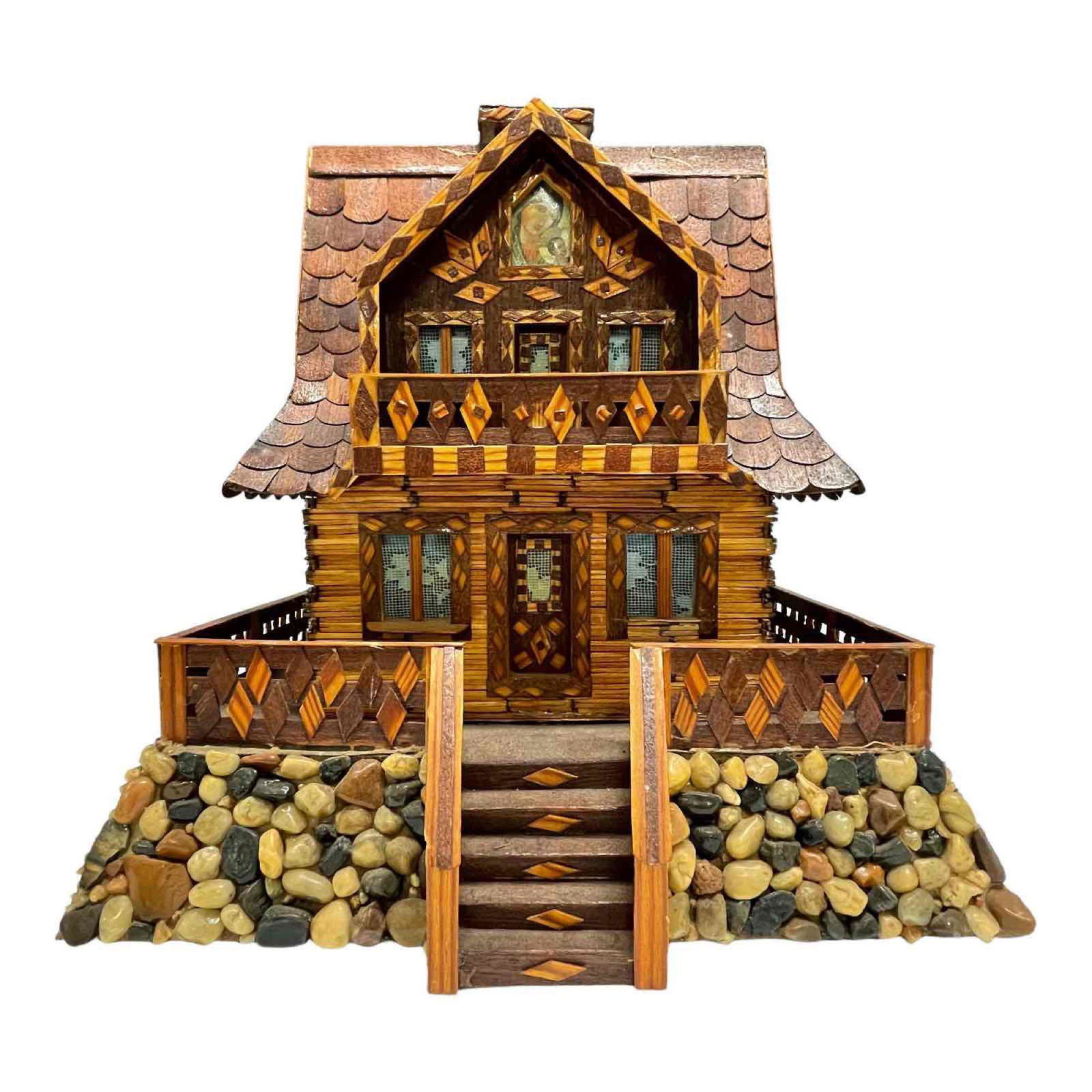 Folk Tramp Art Cottage Cabin Miniature House (1 of 18)