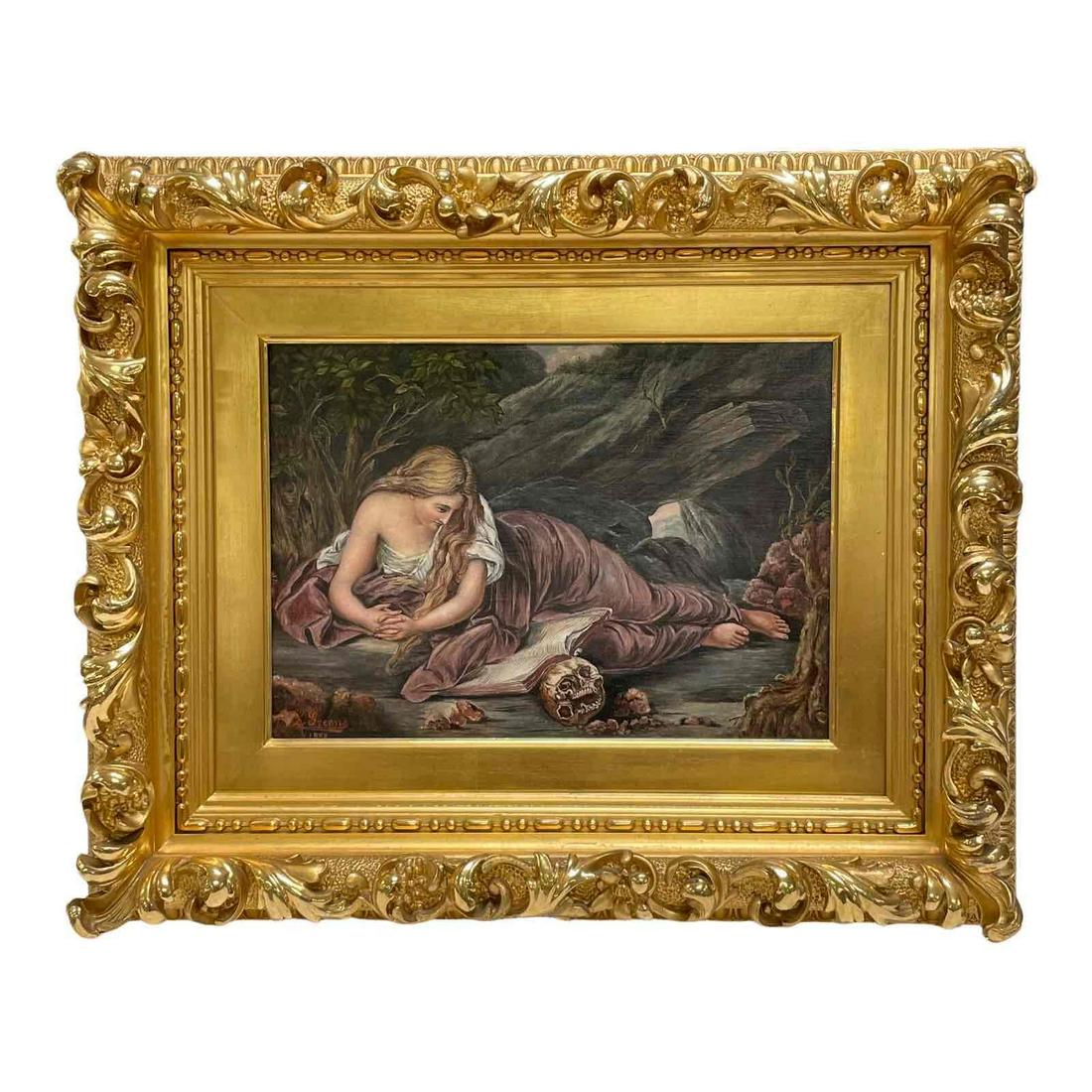 After Pompeo Battoni, 19th Century Mary Magdalene: A very fine rendering of the original painting by Pompeo Girolamo Batoni which features Mary Magdalene laying reading. Signed and dated in lower left as shown L. Greene 1898 and contained in period or