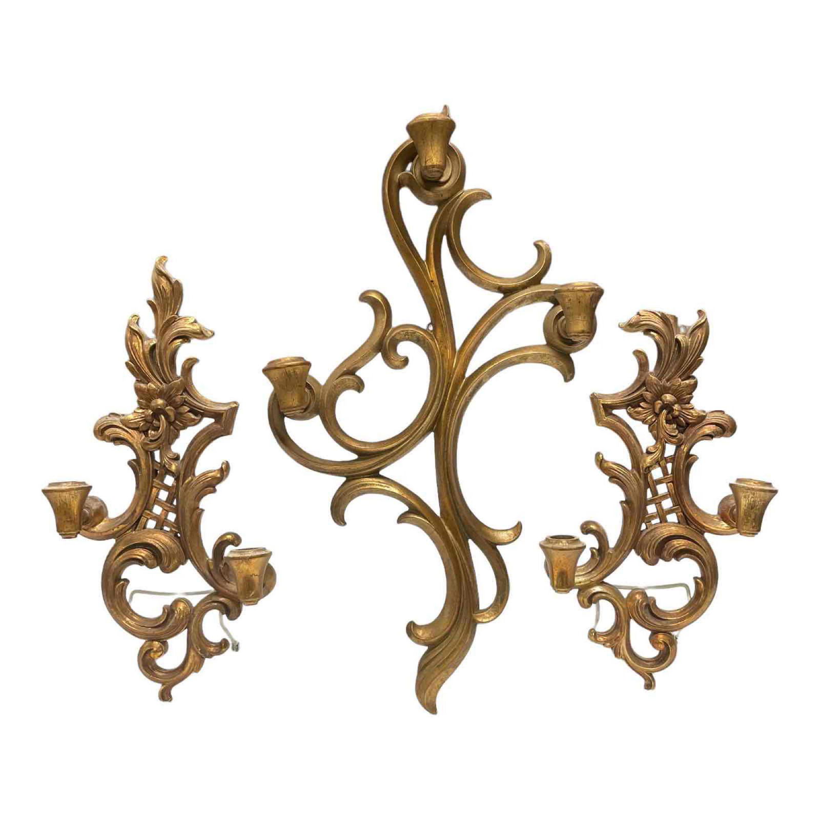 French Style Gold Gilt Wood Candle Light Wall Sconces (3) (1 of 16)