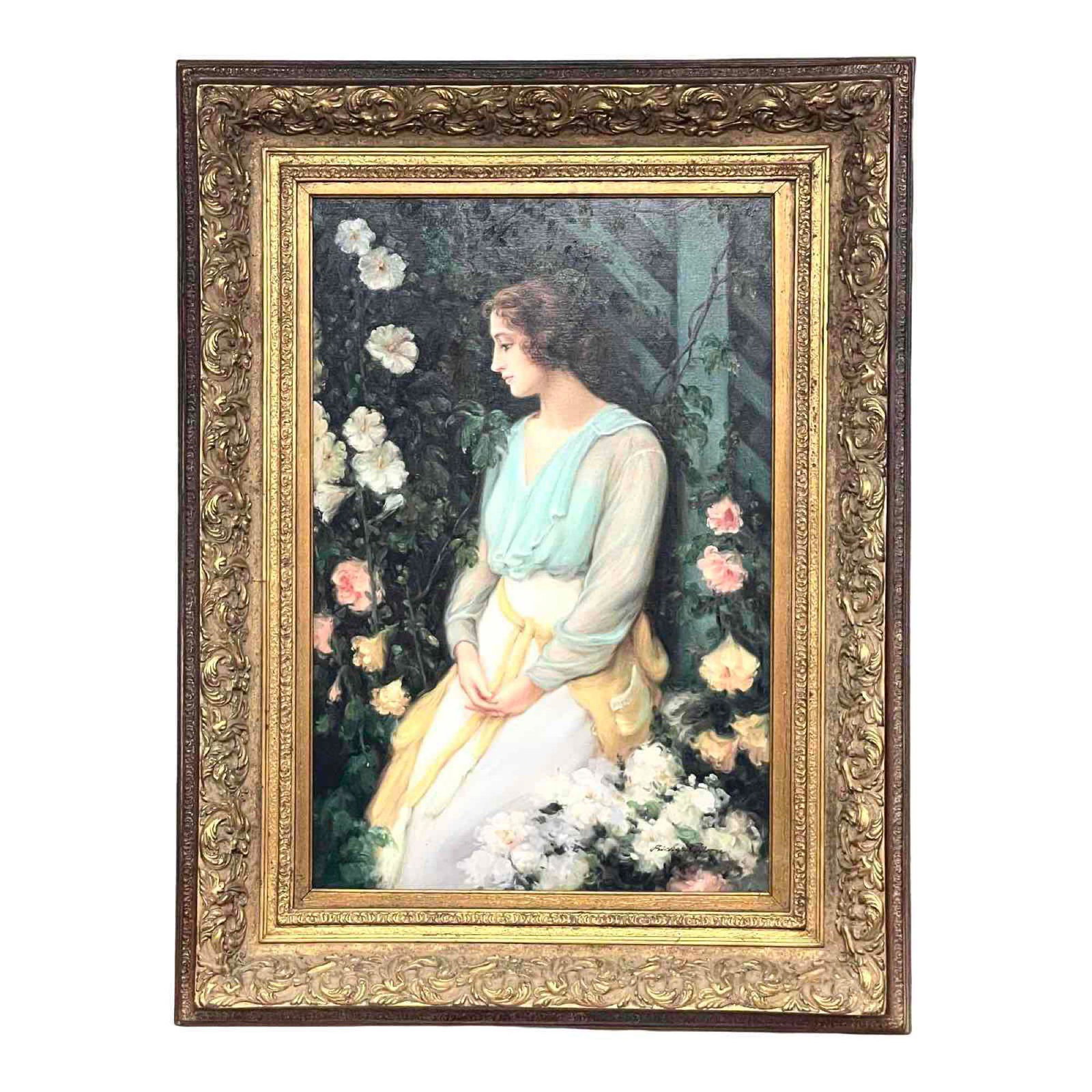 20th C. Richard Moore Oil on Canvas Rendering Painting of Woman: 20th Century Richard Moore Oil on Canvas of young elegant woman dressed in Victorian style clothes and vibrate colors. Condition is good as shown, see photos. Measuring approx 49.5" x 37.5".