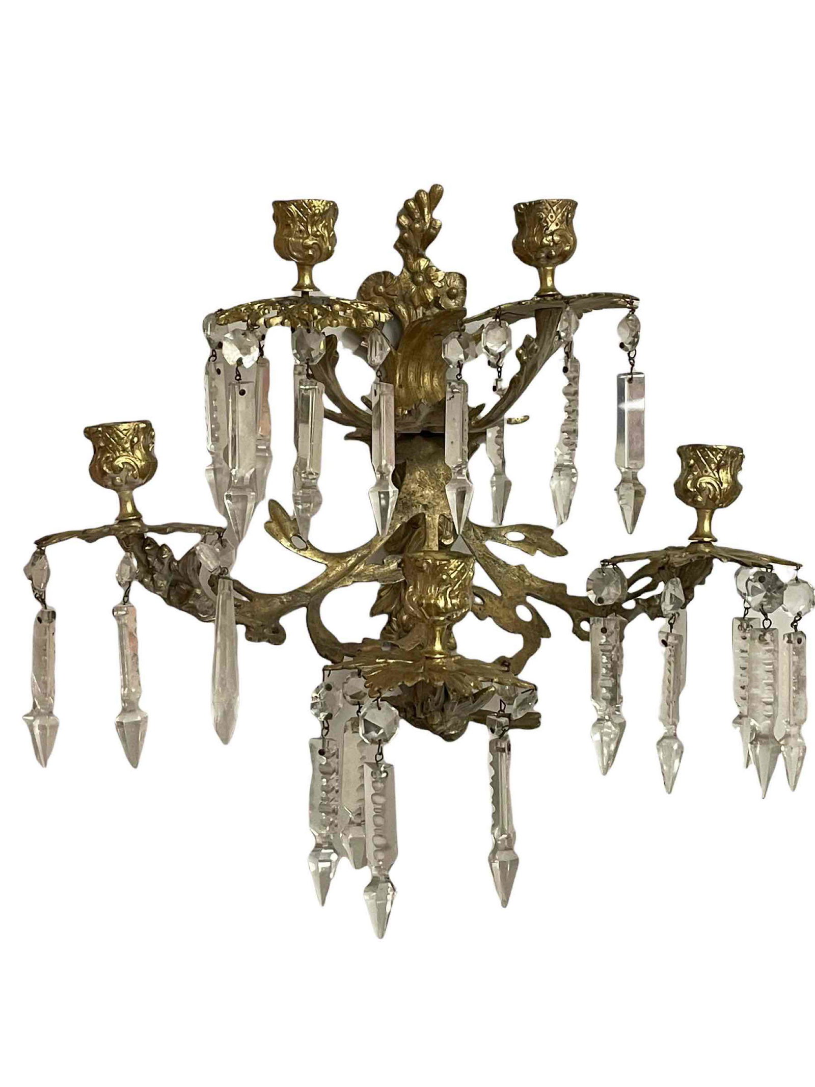 French Dore Gilt 5- Candle Light Wall Sconce: Fine quality French wall sconce with crystal tear drop style prisms (some losses and dust soil). Measuring approx 13" tall x 13" deep off the wall. See photos for details regarding.