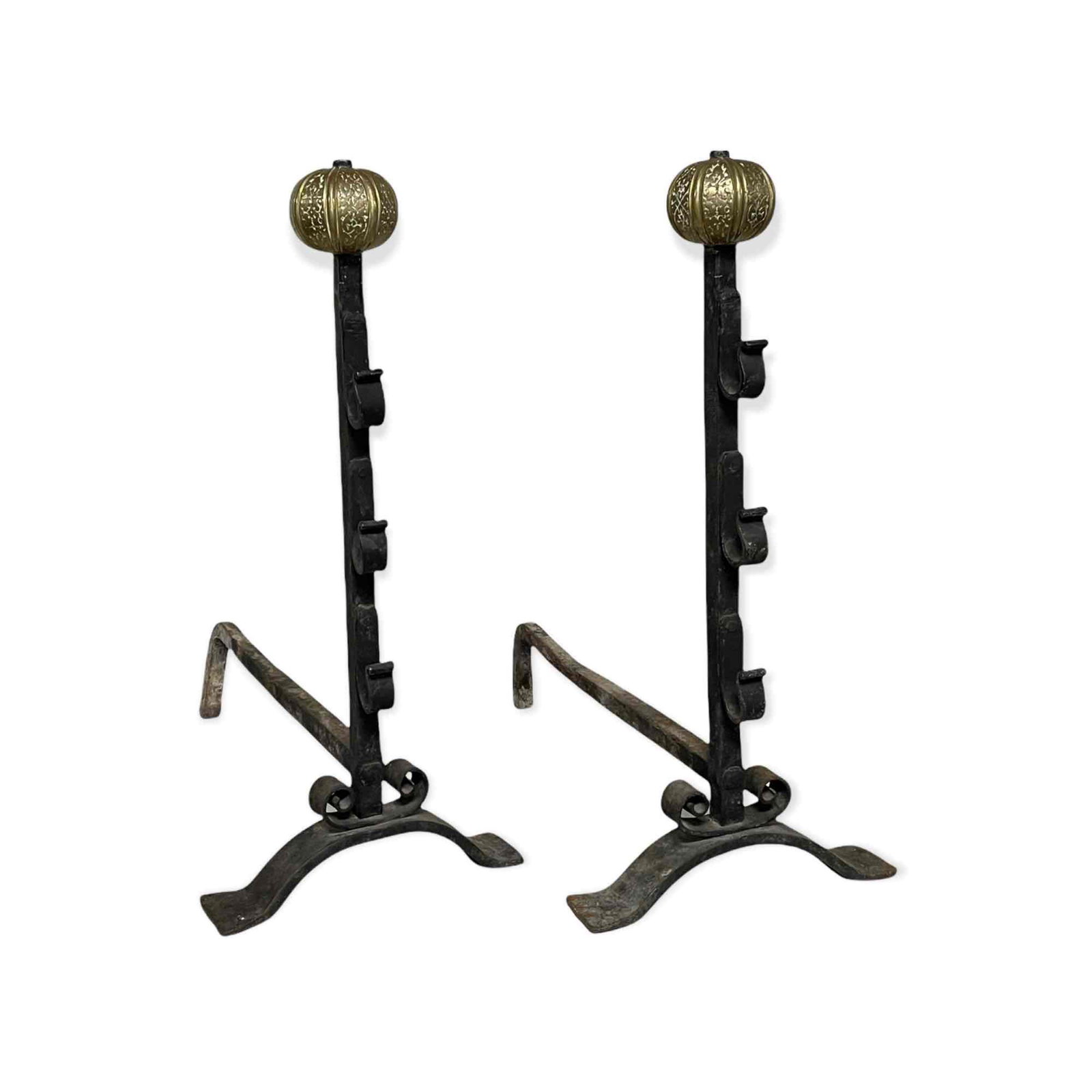 19th c. Brass Melon Top Wrought Iron English Andirons (1 of 17)