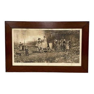 Charles Yardley Turner (1850-1919) "The Bridal Procession": Large early C.Y. Turner (1850-1919) print titled "The Bridal Procession". Depicting early Pilgrims with bride on steer attending The Marriage of Priscilla and John Alden in the wilderness. Copyright d