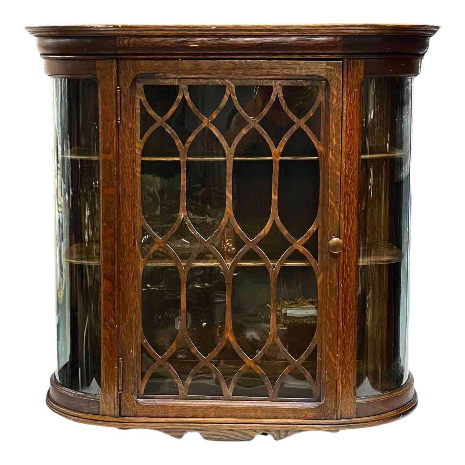 20th C. American Oak Curved Glass China Cabinet (1 of 18)