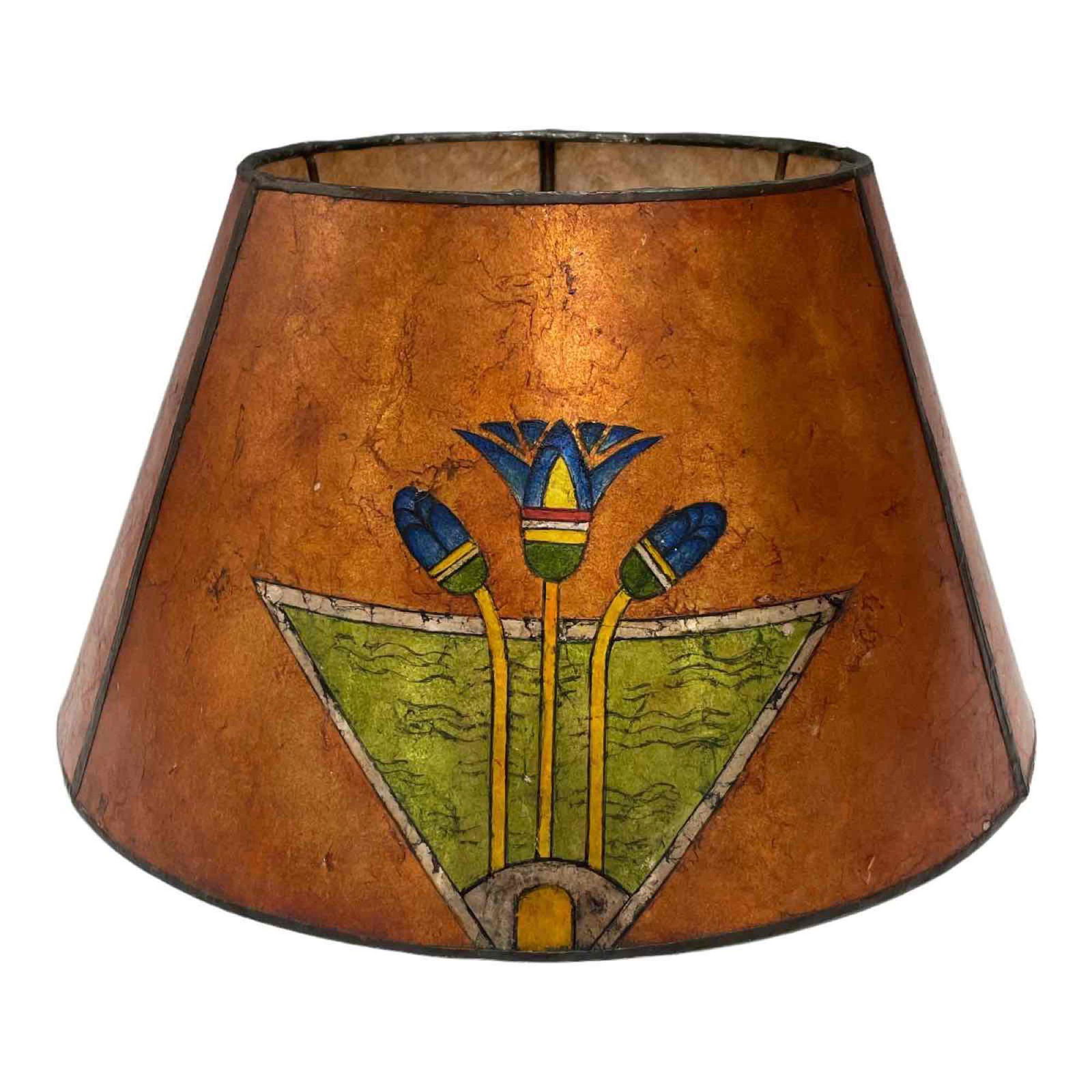 Signed Arts and Crafts Painted MICA Lamp Shade: Fine arts and crafts mica lamp shade with blue tulips. Mannered after Dirk Van Erp influenced. Measuring approx 14" diameter x 7.75" tall. Signed with initials SW as shown. Good overall, see photos.
