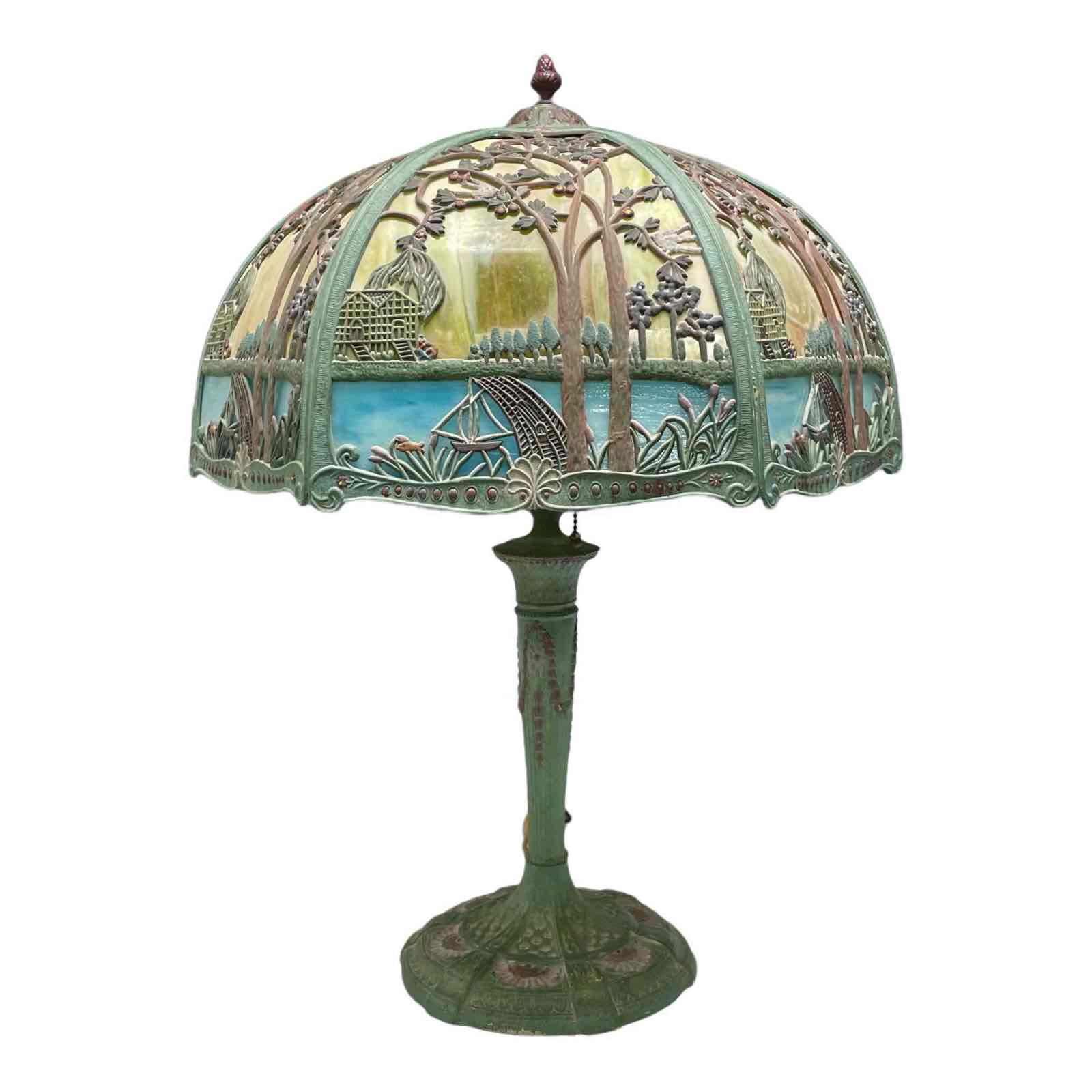 Fine Scenic Asian Landscape Slag Glass Panel Lamp (1 of 20)