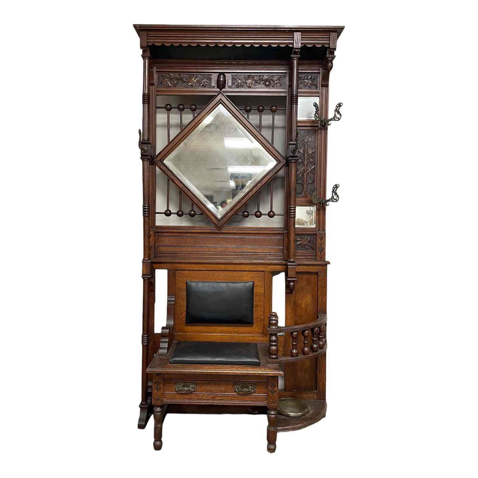19th C. American Oak Aesthetic Movement Hall Tree / Seat (1 of 20)