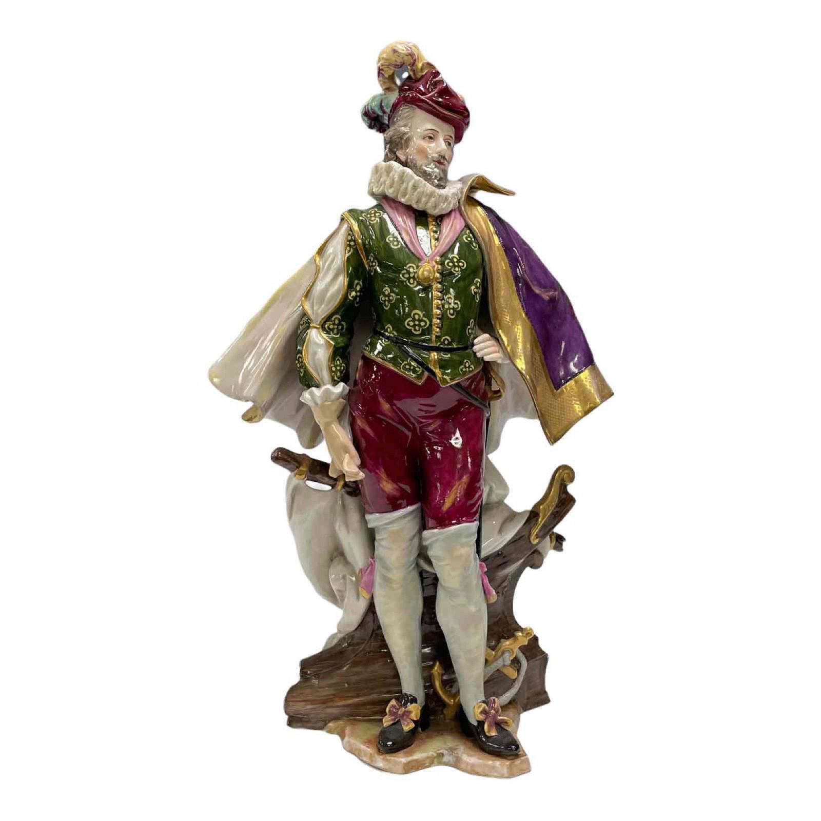 Meissen Quality Porcelain Figurine or Cavalier 12.5": Meissen quality porcelain statue of early Cavalier, King or Spaniard Conquistador. Wearing purple and gold cape with gold medallion necklace with wooden ship and anchor in backdrop. Measuring approx. 