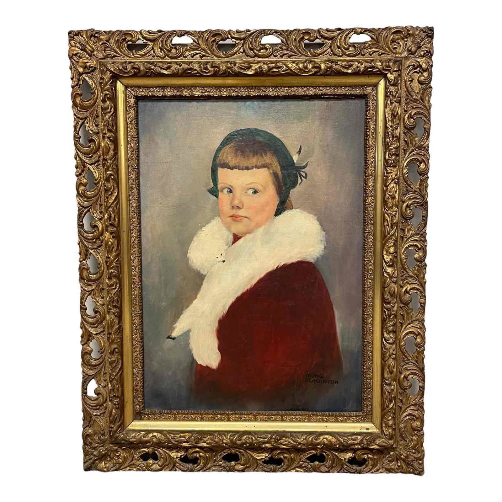 Signed Portrait Oil Painting on Canvas Girl with Mink Neck Shawl (1 of 16)