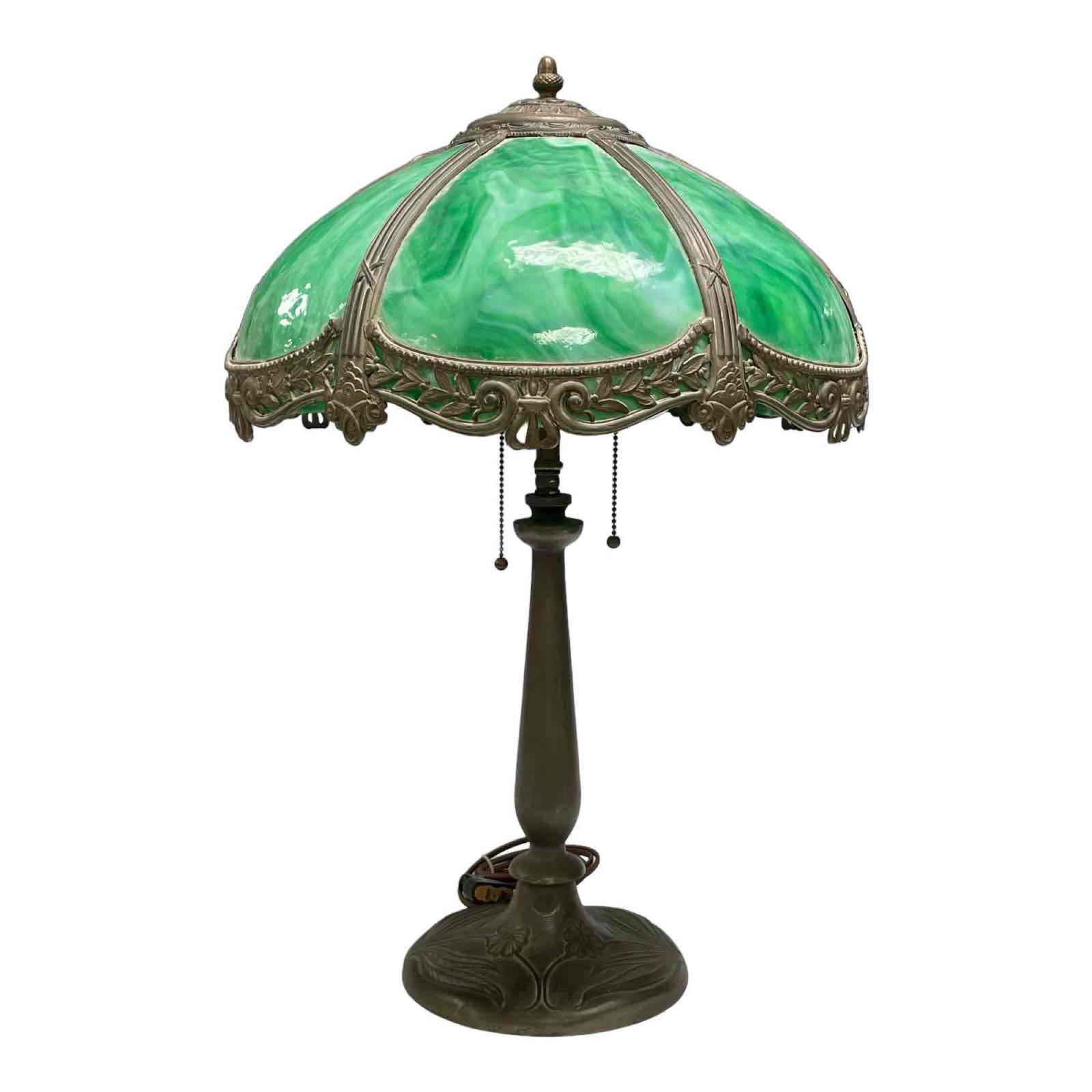 Six Panel Green Slag Glass Lamp on Art Nouveau Base (1 of 16)