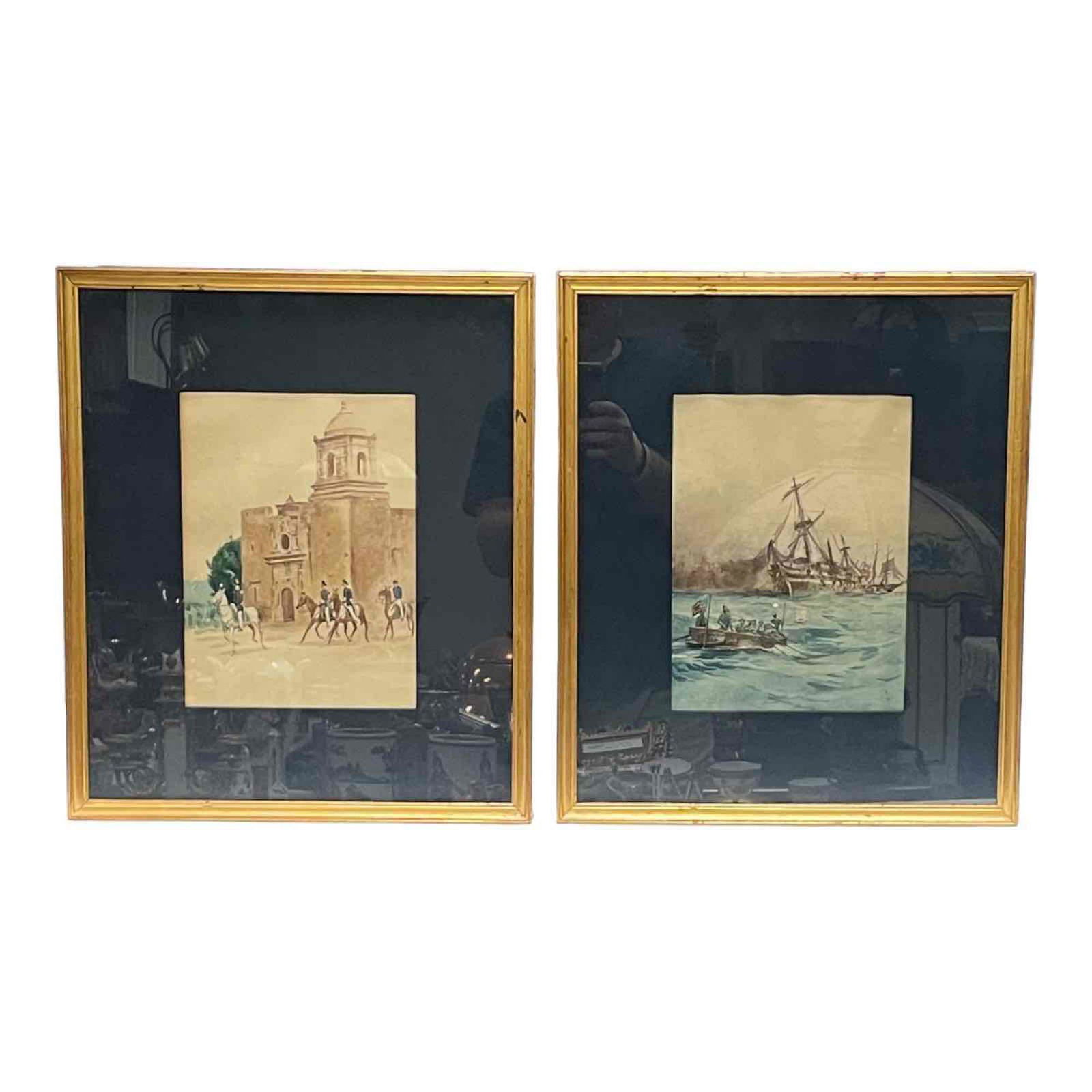 (2) Framed U.S. Schooner Battleships and Soldiers Watercolors (1 of 10)