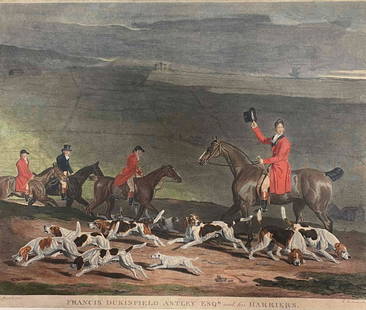 After Benjamin Marshall, (British, 1767-1835) Hunt Scene: After Benjamin Marshall (1767-1835) Francis Duckinfield Astley and his harriers,hand-coloured engraving by R.Woodman, c.1809,measuring approx 19" tall x 24" wide), unframed as shown. Still presents br