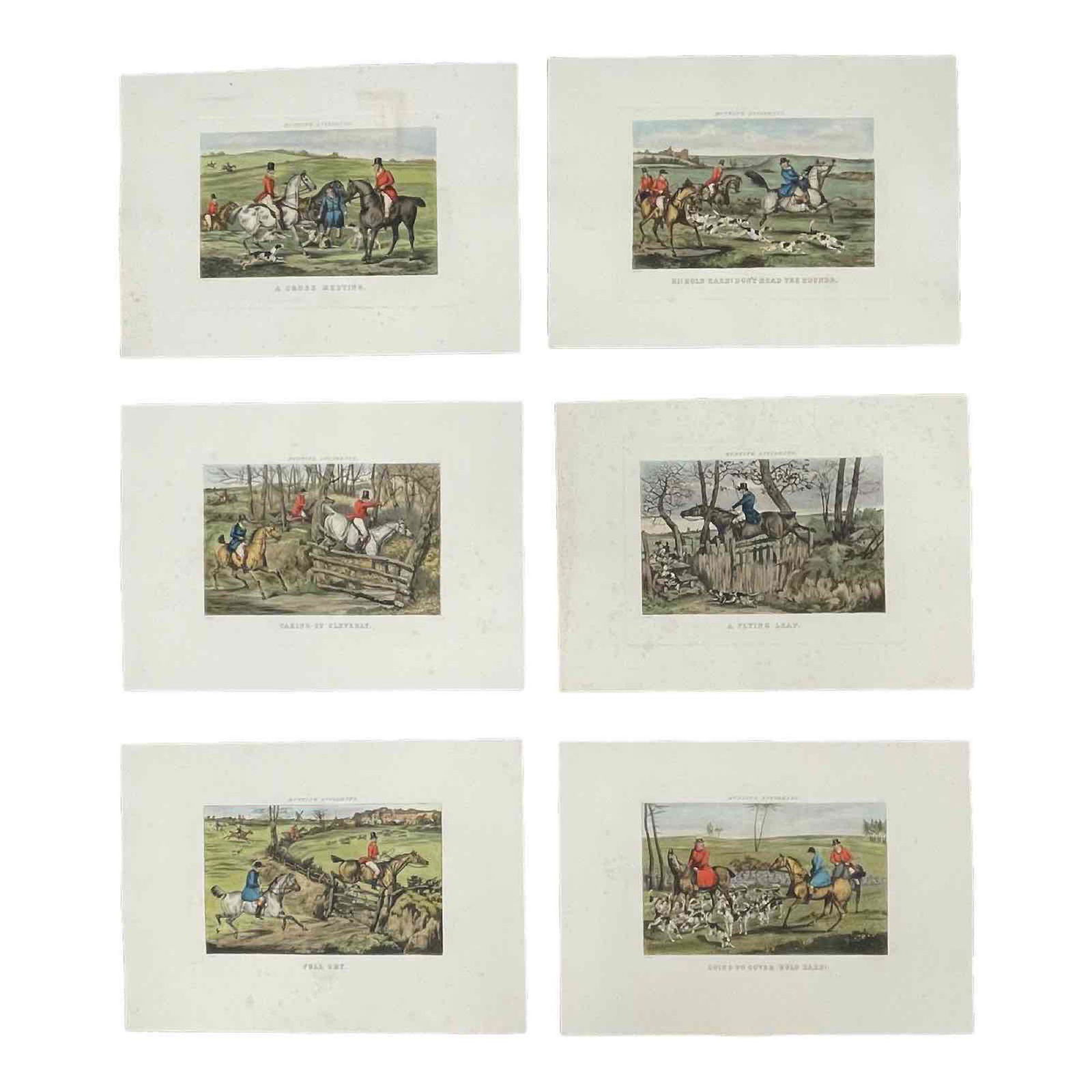 Sport Hunt Engravings after Henry Thomas Alken (English, 1785-1851): Assortment of six (6) HUNTING INCIDENTS hand colored English Fox sportsman hunting engravings after Henry Thomas Alken (English, 1785-1851). A CROSS MEETING,HI! HOLD HARD! DON'T HEAD THE HOUNDS, TAKIN