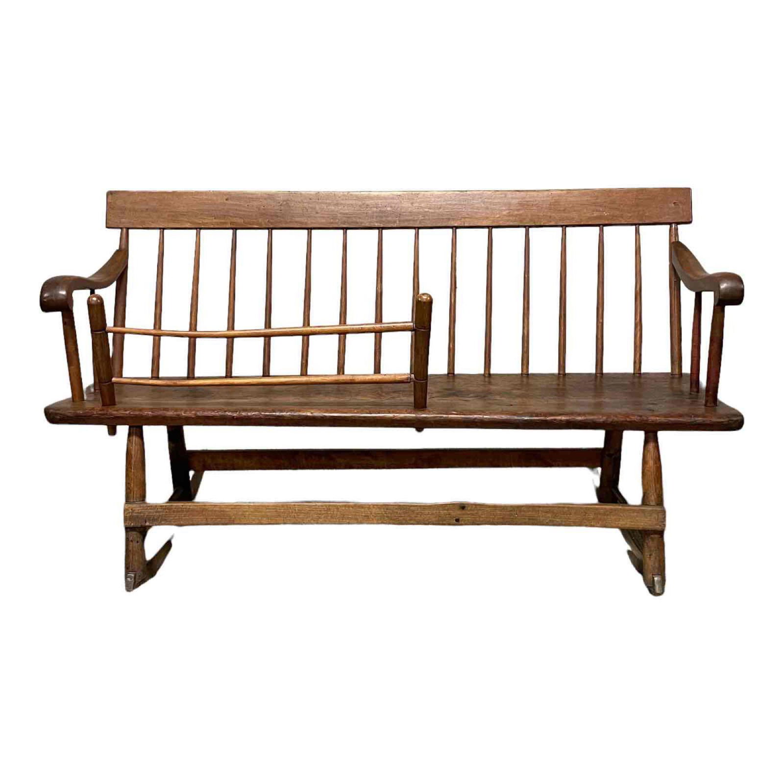 19th Century Rocking Pine Windsor Mammy Bench: 19th century Windsor mammy rocking bench with two rung removable baby panel. Measuring approx. 29.5" tall x 50" wide x 25" deep rockers. In good age appropriate condition, see photos.