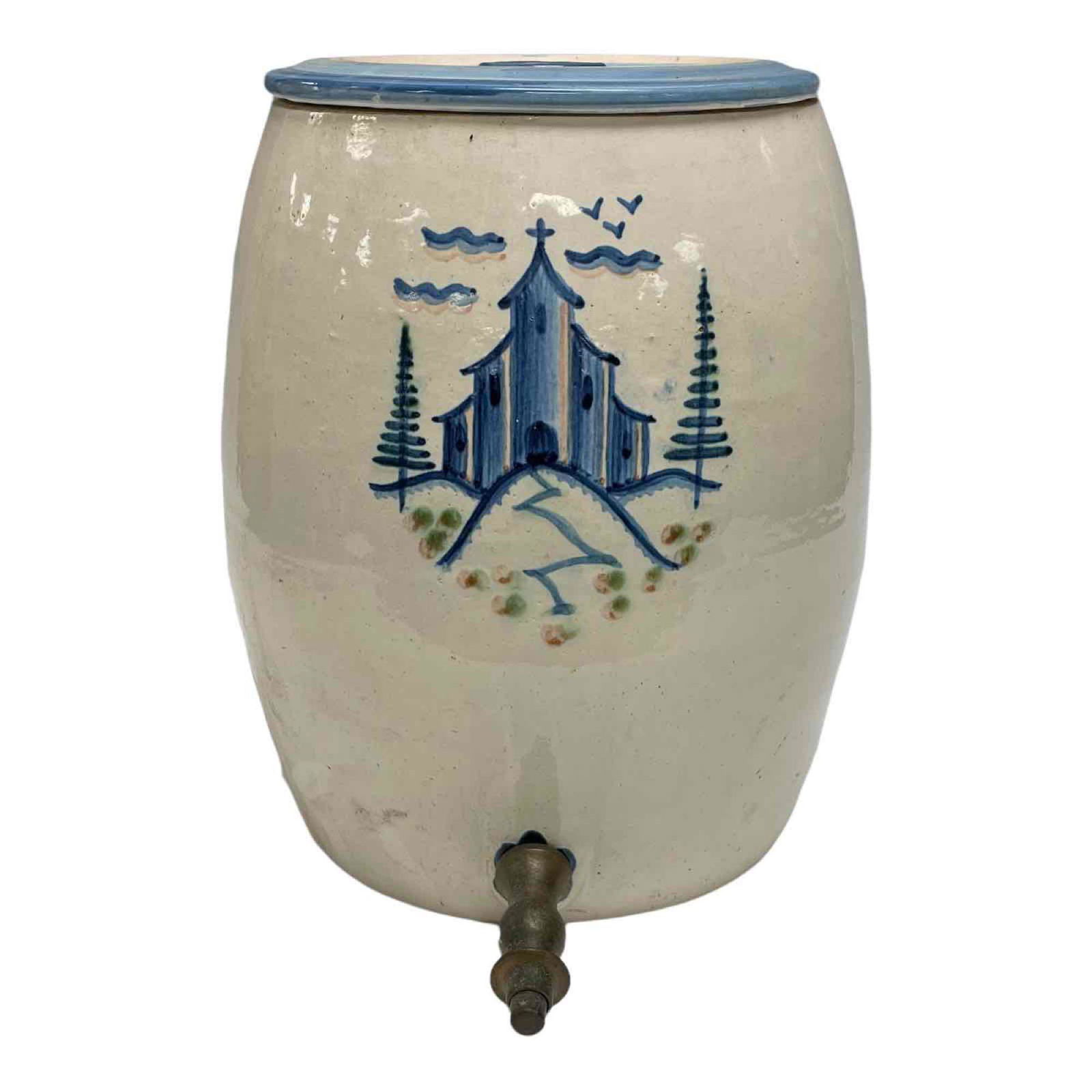 Glazed Stoneware Dispenser by John Taylor: Three gallon signed John Taylor stoneware spouted wine dispenser. Measuring approx. 12.5" tall. In good condition, see photos.