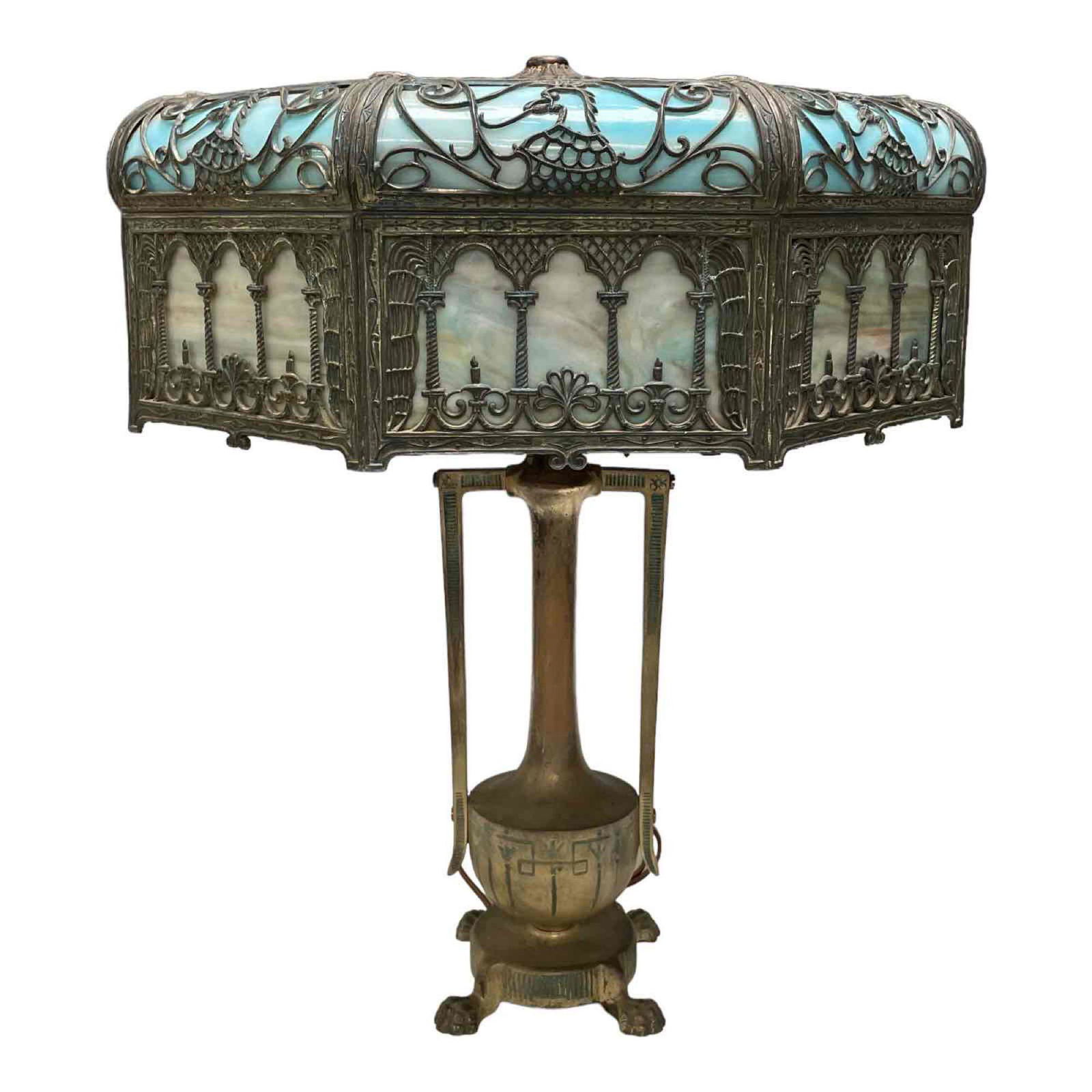 Ornate Overlaid Antique Panel Lamp w Blown Out Panels (1 of 17)