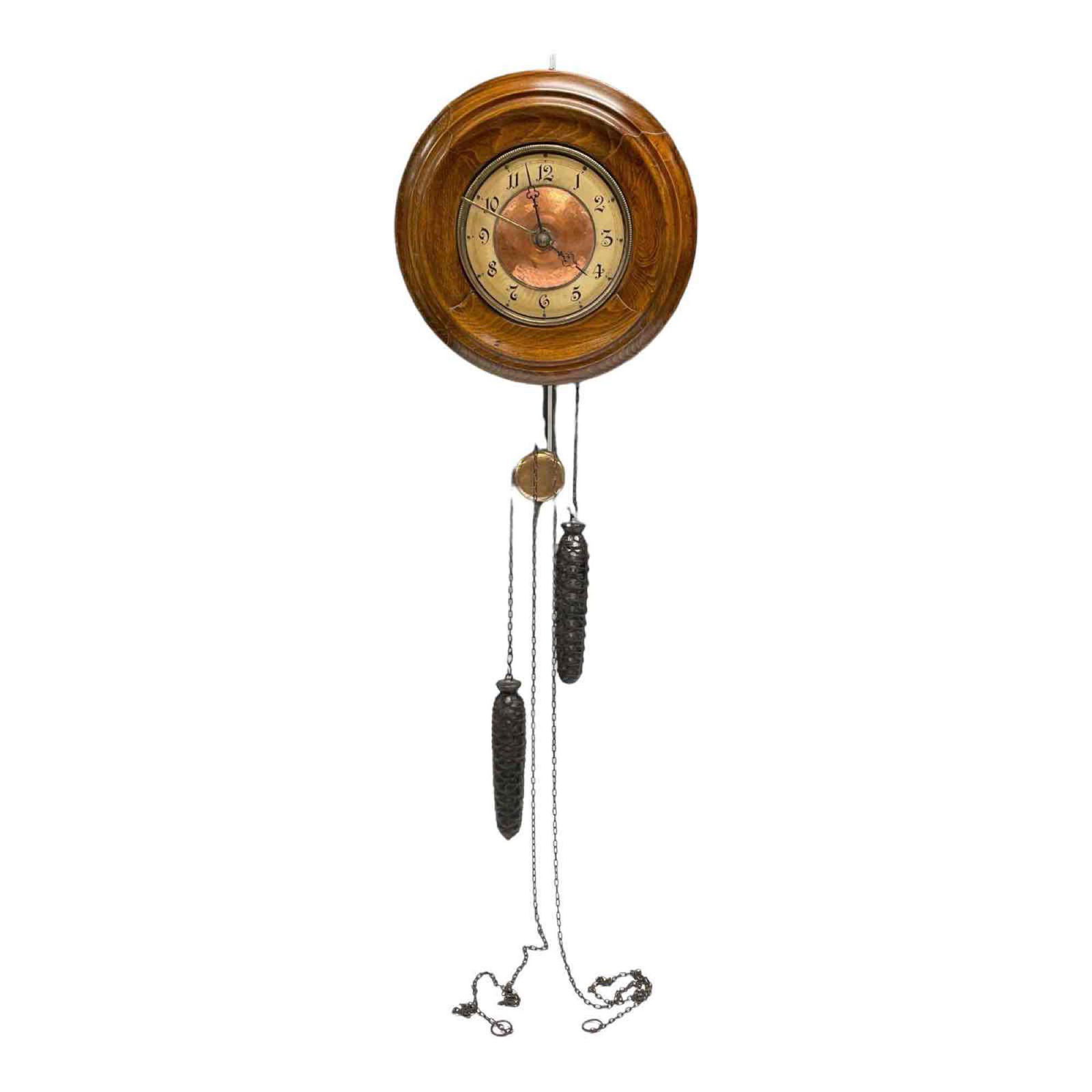 Antique Round Oak Wall Clock w Pine Cone Weights (1 of 11)