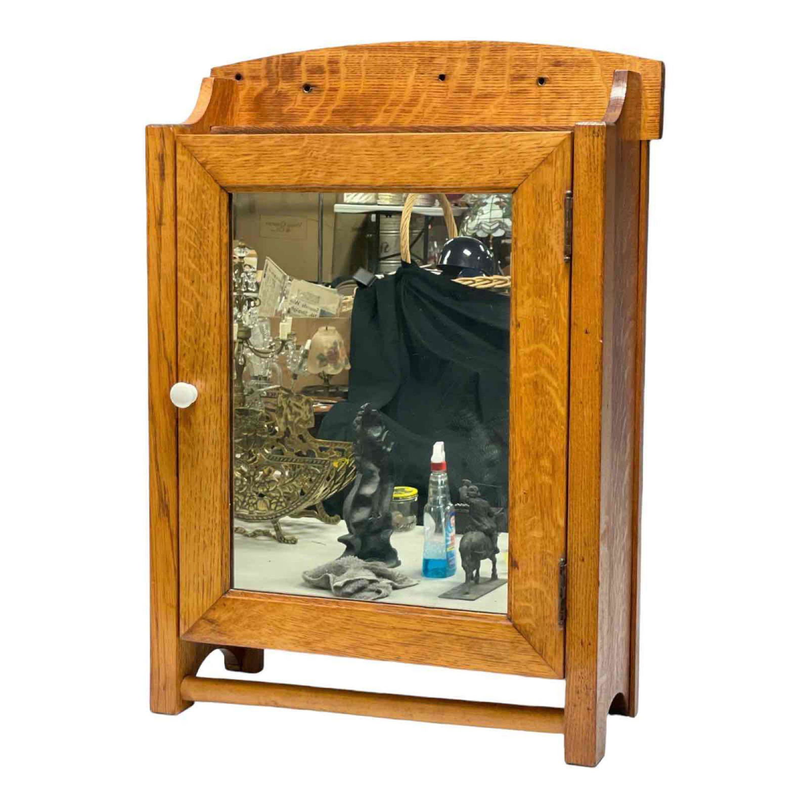 American Oak Wall Cabinet w Mirrored Door (1 of 14)