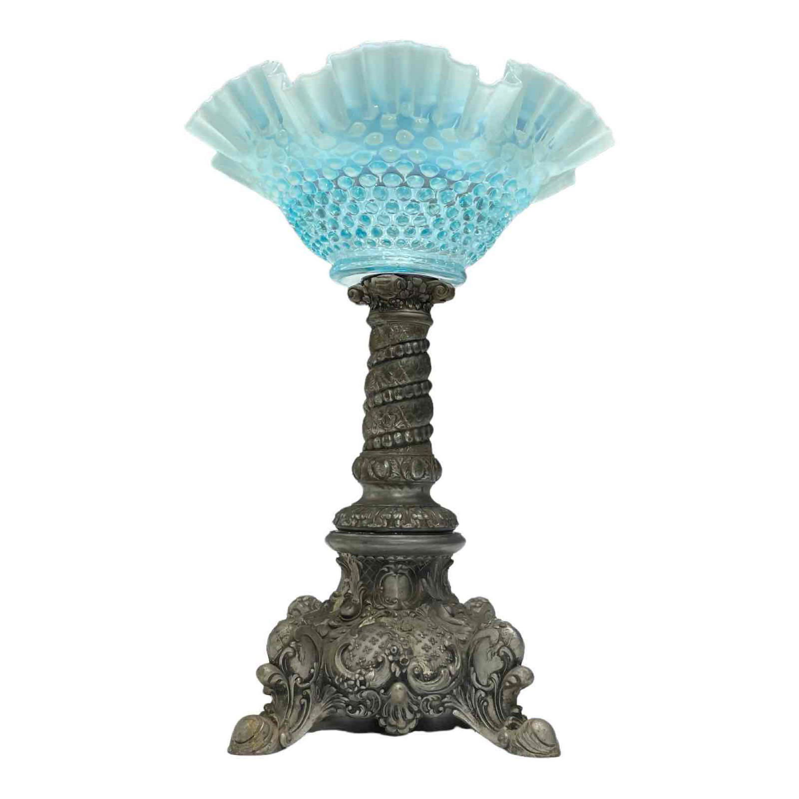 Cast White Metal Compote with Blue Opal Ruffle Glass (1 of 15)