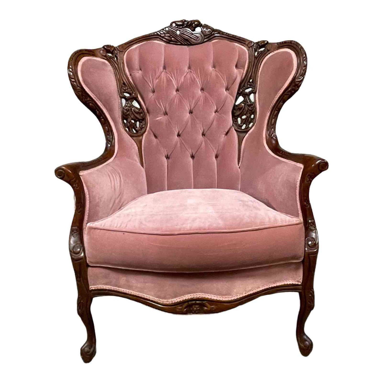 Kimball Carved Mahogany Country French Chair: Fine upholstered carved wingback fireside arm decorators chair. 20th century, Kimball co. Pink Mauve soft felt fabric. Good overall condition, light scuffs on legs. See photos for details as shown.