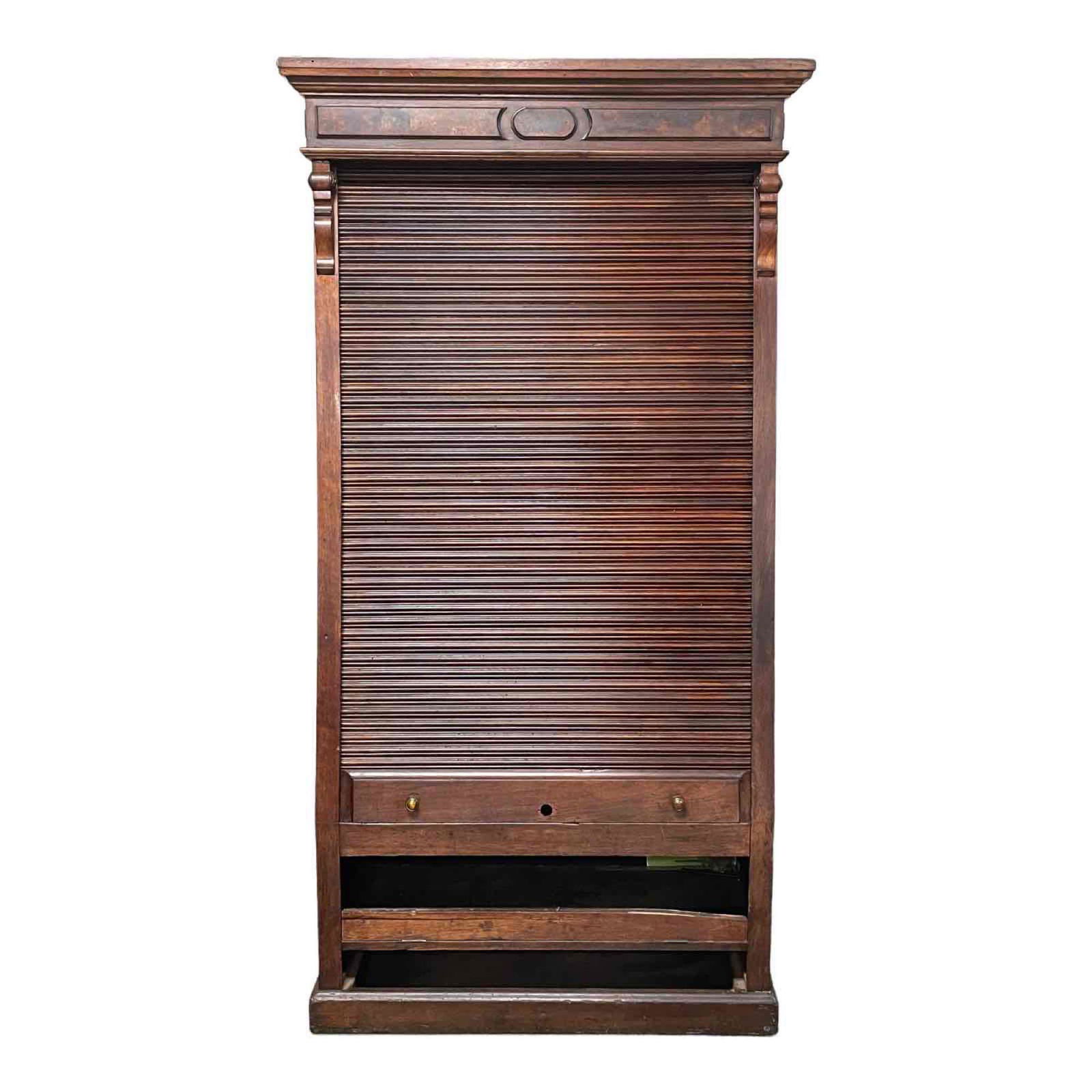 Unusual American 19th Century Cylinder Roll Cabinet: 19th American Victorian era cylinder roll up door storage cabinet. Possibly store use or hunting gun cabinet. Lacking lock and lower drawer as shown. Great cabinet to restore for pool cues, store disp