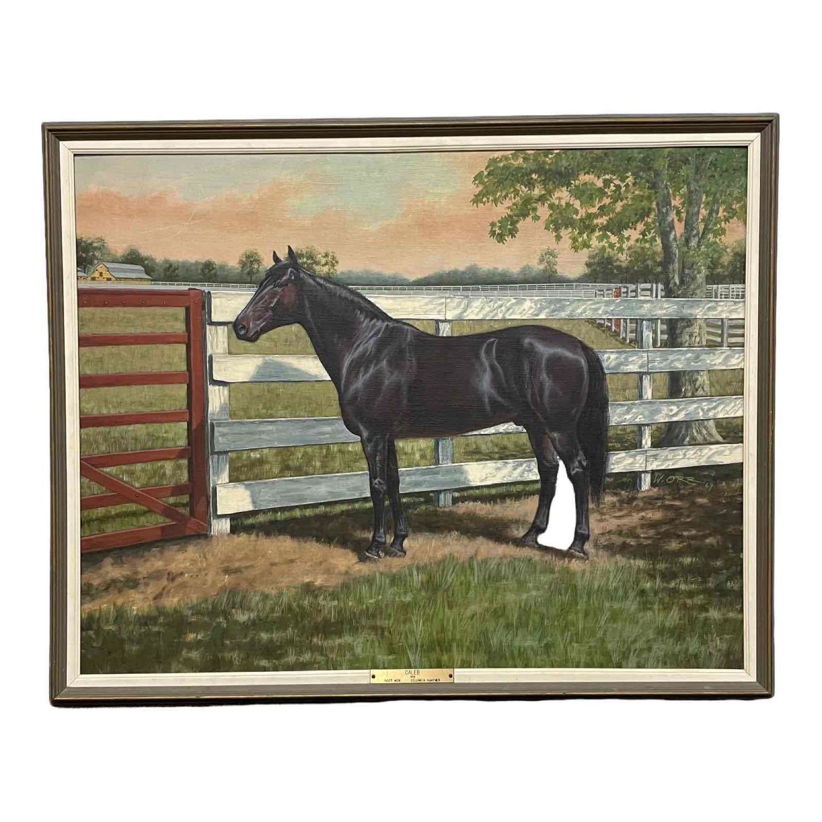 1958 Signed Oil Painting of Sport Horse "CALEB" by William Orr: Well executed oil painting on masonite art board by William Orr 1969 of the great Standard bred stallion Caleb of 1958 on a ranch equestrian farm setting who was by Hoot Mon and Columbia Hanover. Is s